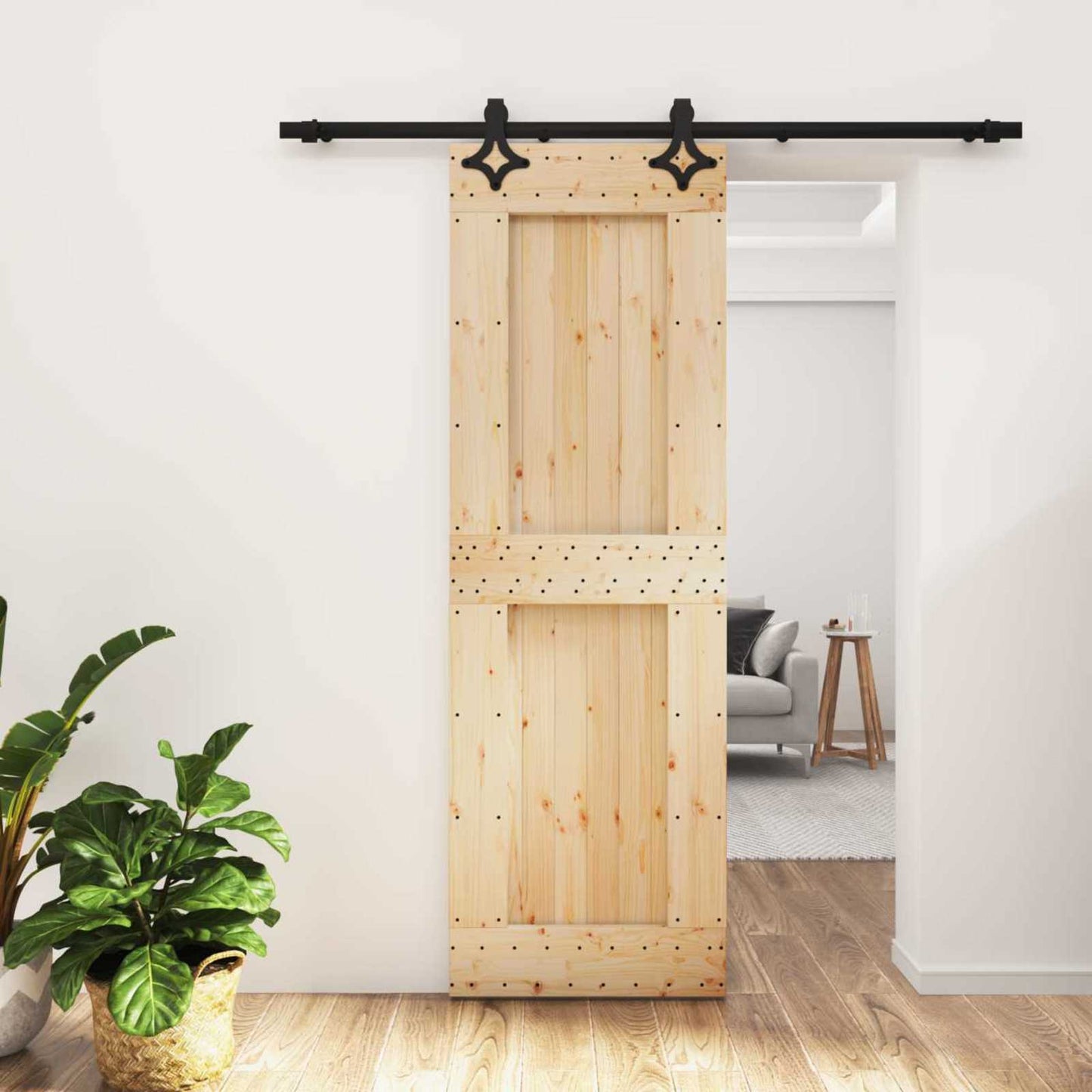 Skydedør Naturfarvet og sort 70 x 210 cm Massivt Fyrretræ