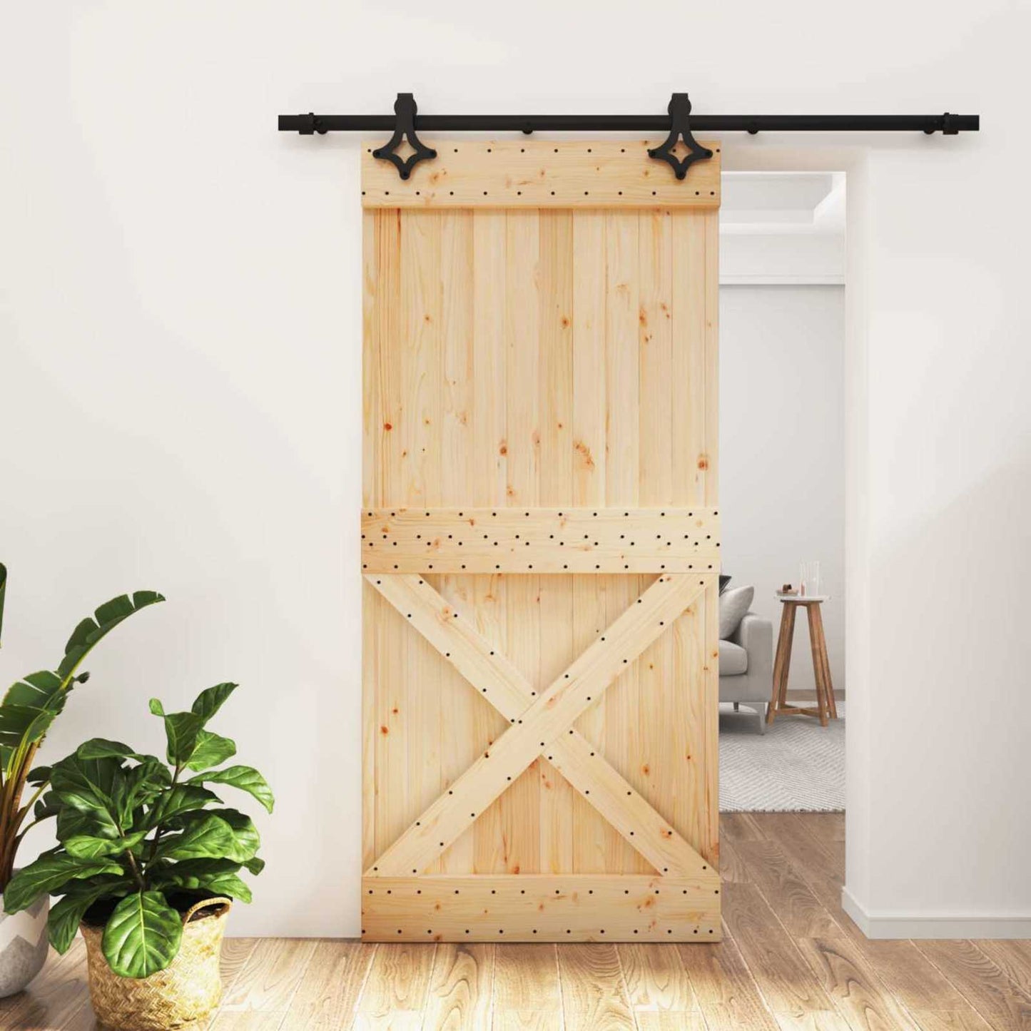 Skydedør Naturfarvet og sort 95 x 210 cm Massivt Fyrretræ