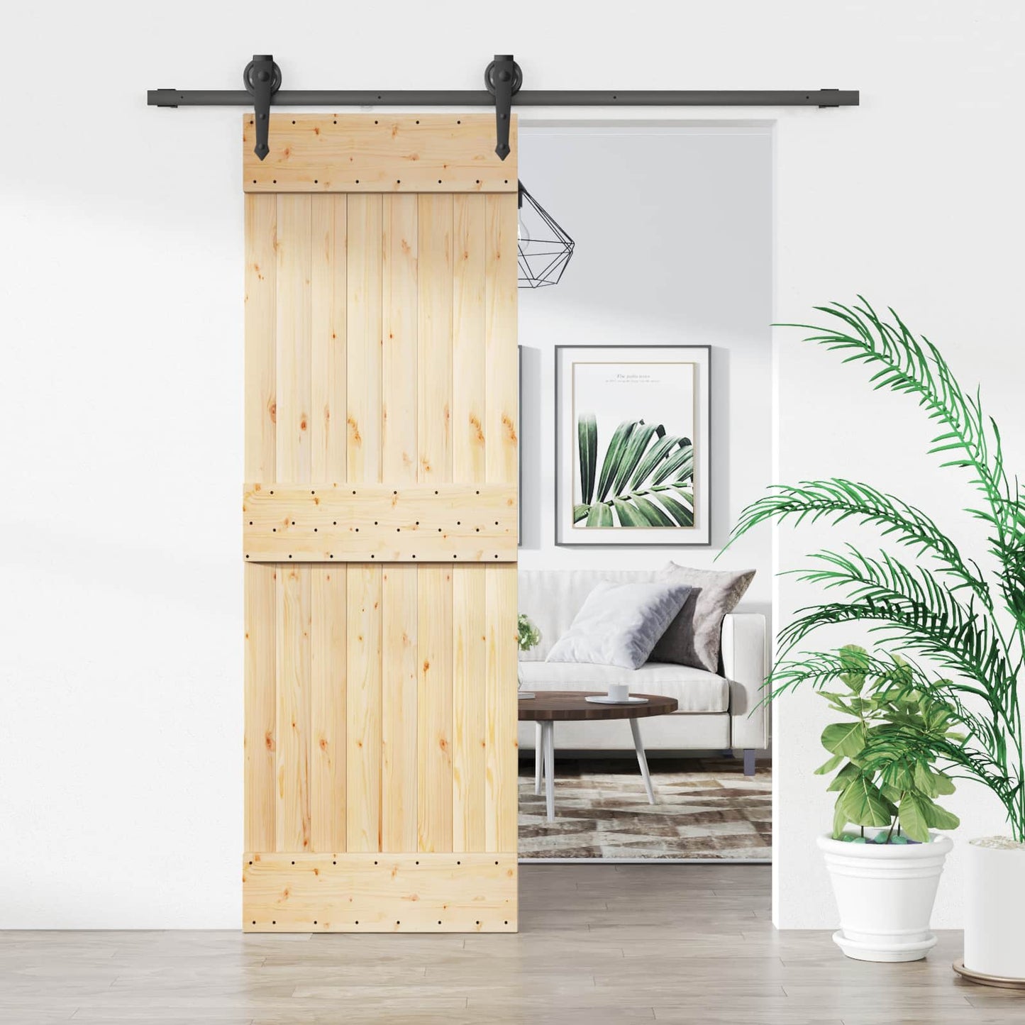 Skydedør Naturfarvet og sort 70 x 210 cm Massivt Fyrretræ