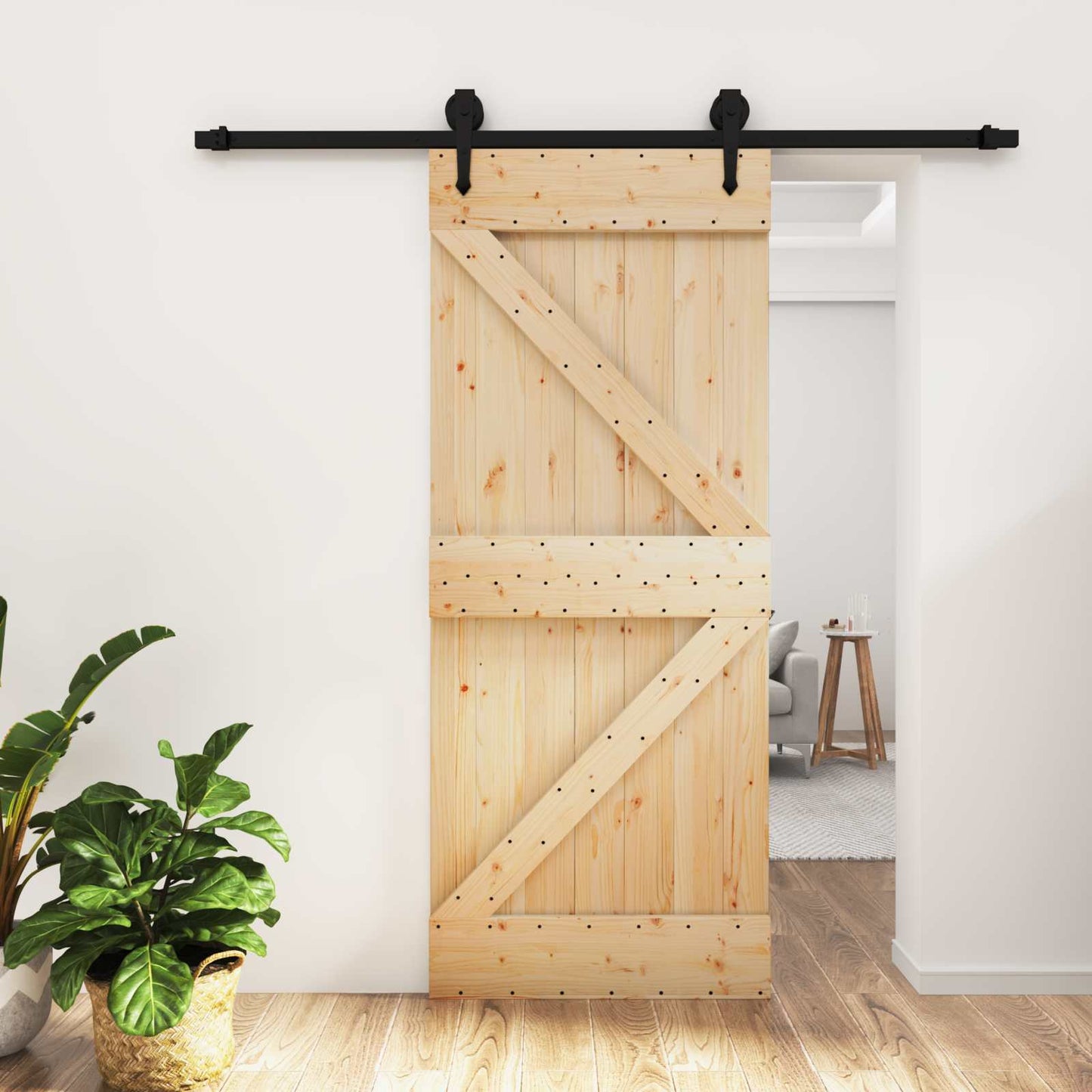 Skydedør Naturfarvet og sort 85 x 210 cm Massivt Fyrretræ