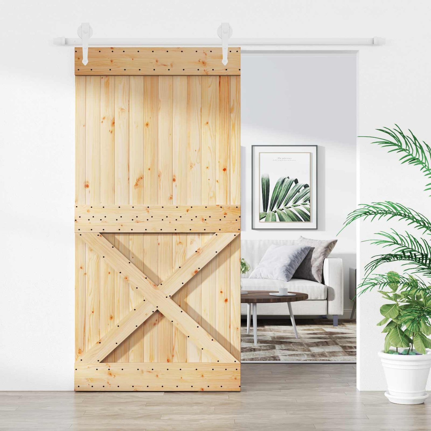Skydedør Natur og hvid 100 x 210 cm Massivt Fyrretræ