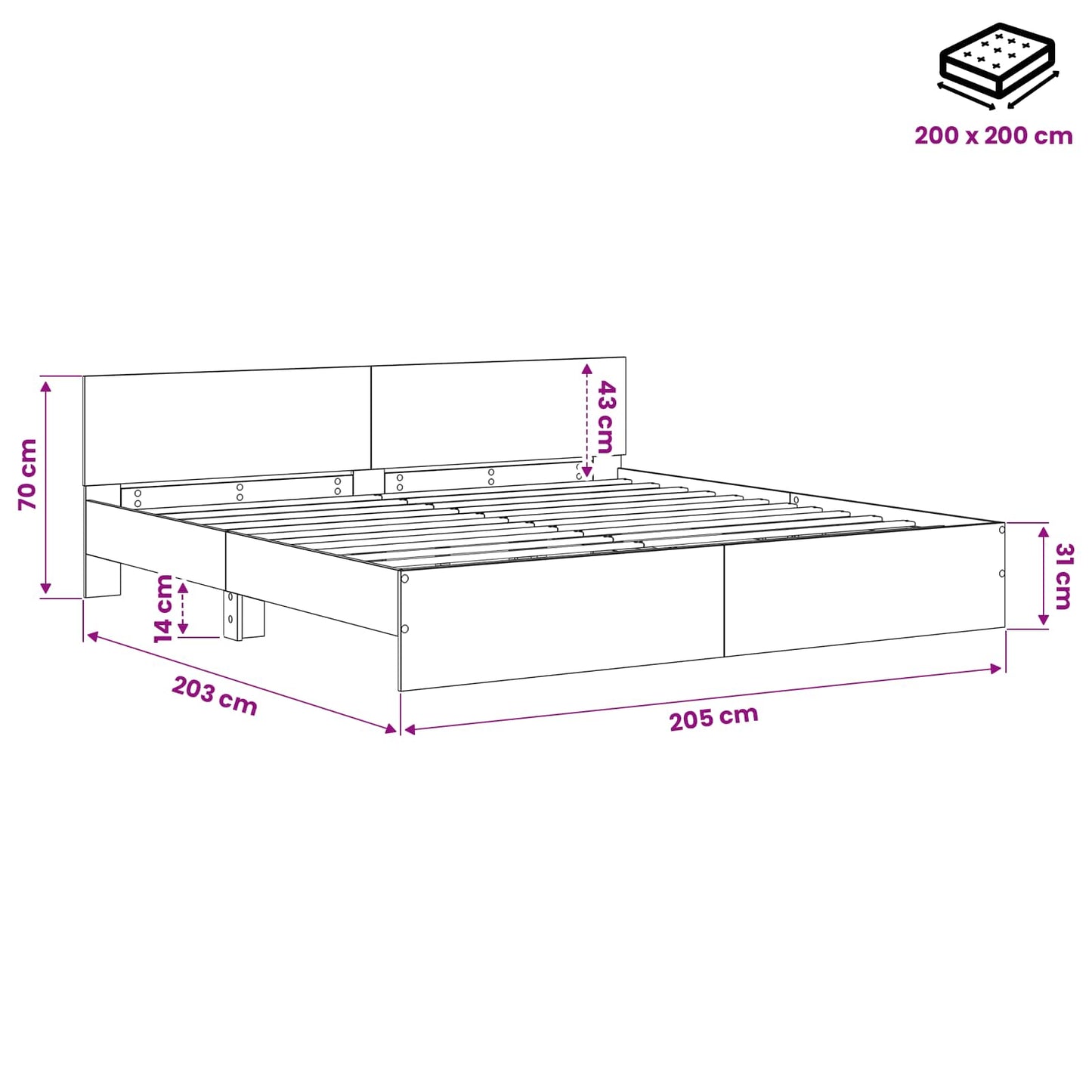 Sengestel med hovedgærde med hovedgærde Artisan-eg 200 x 200 cm