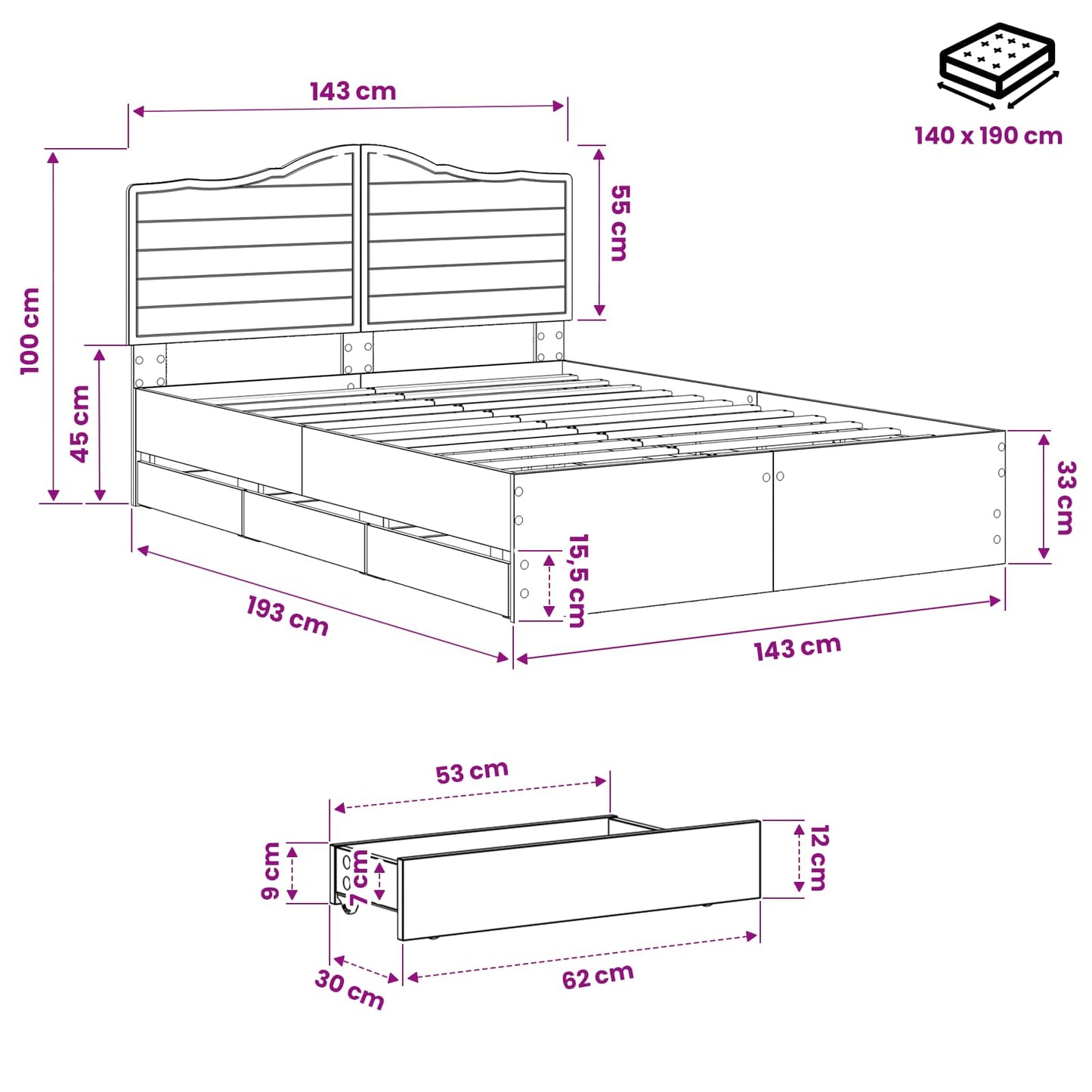Bed Frame with Storage and Headboard Artisan Oak 140 x 190 cm