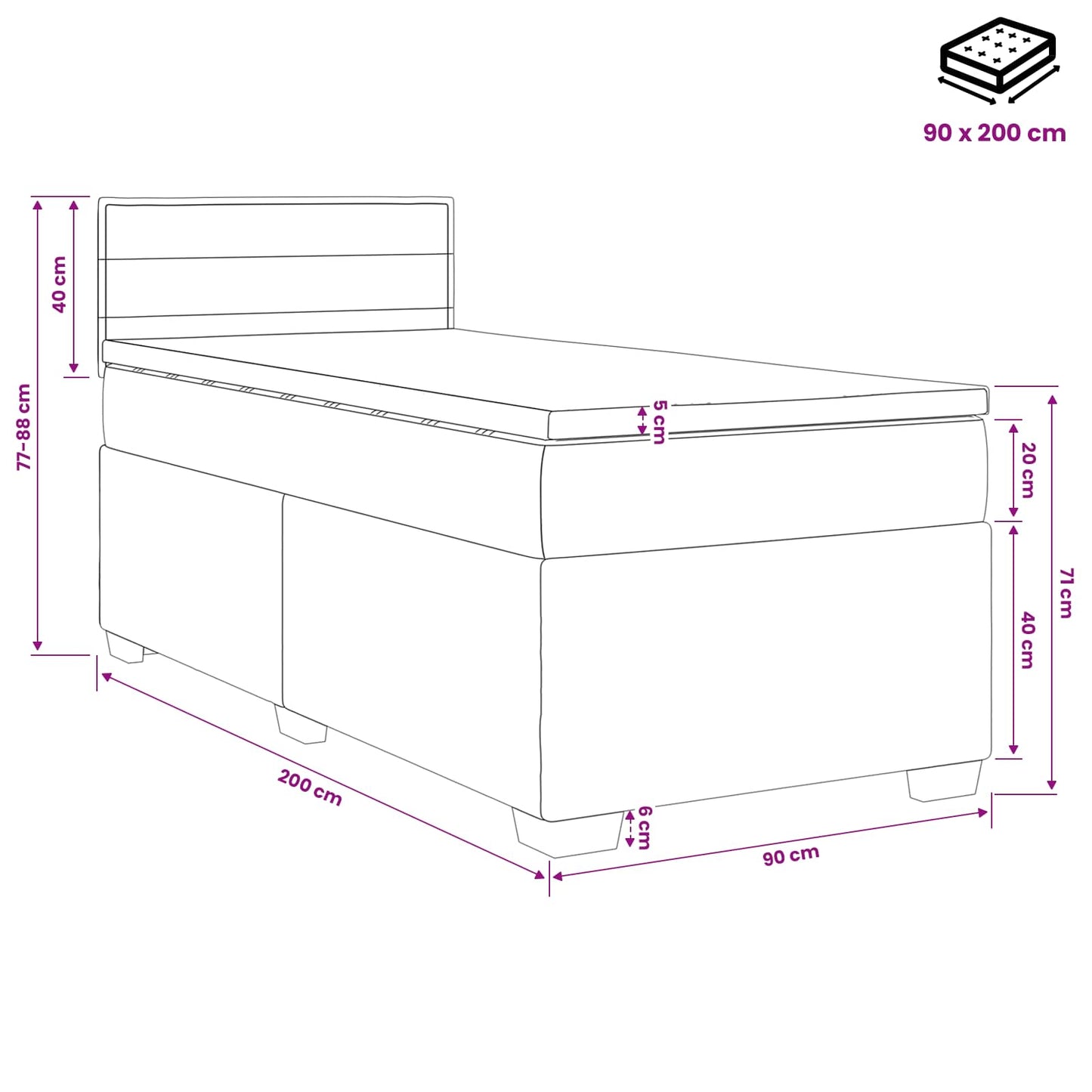 Boxmadras med topmadras Mørkegrå 90 x 200 cm Stof