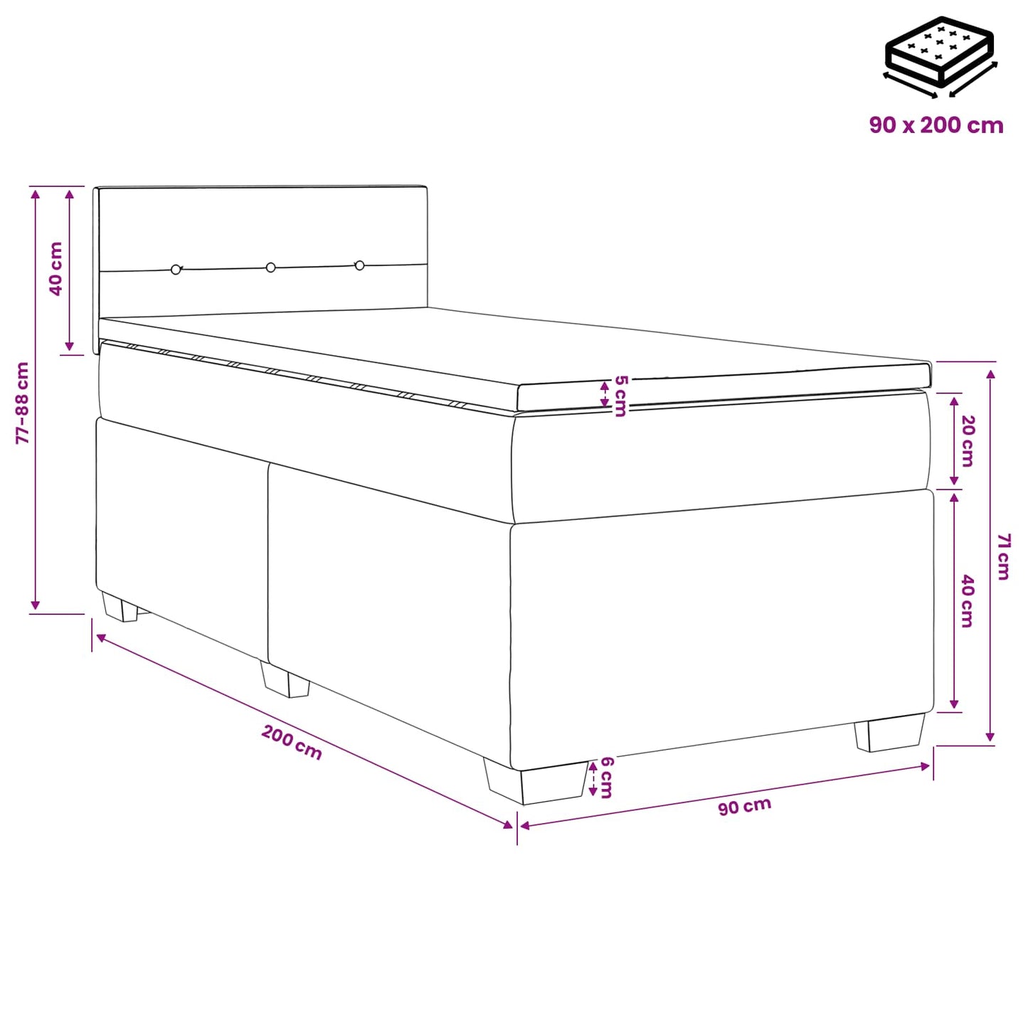 Boxmadras med topmadras Cremefarvet 90 x 200 cm Stof