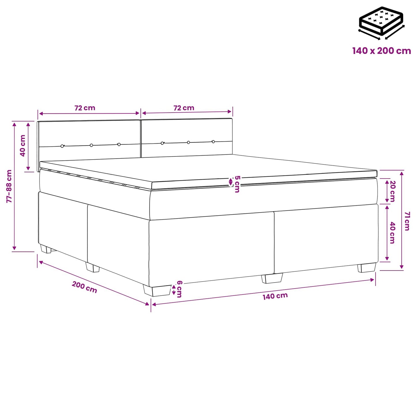 Boxmadras med topmadras med hovedgærde Sort 140 x 200 cm Stof