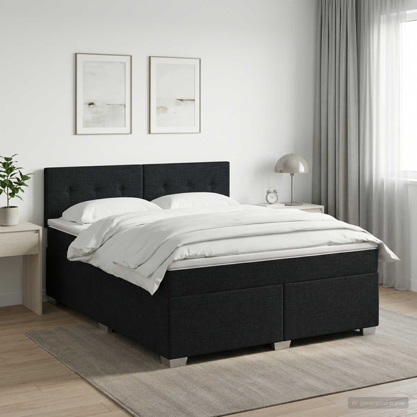 Boxmadras med topmadras med hovedgærde Sort 140 x 200 cm Stof