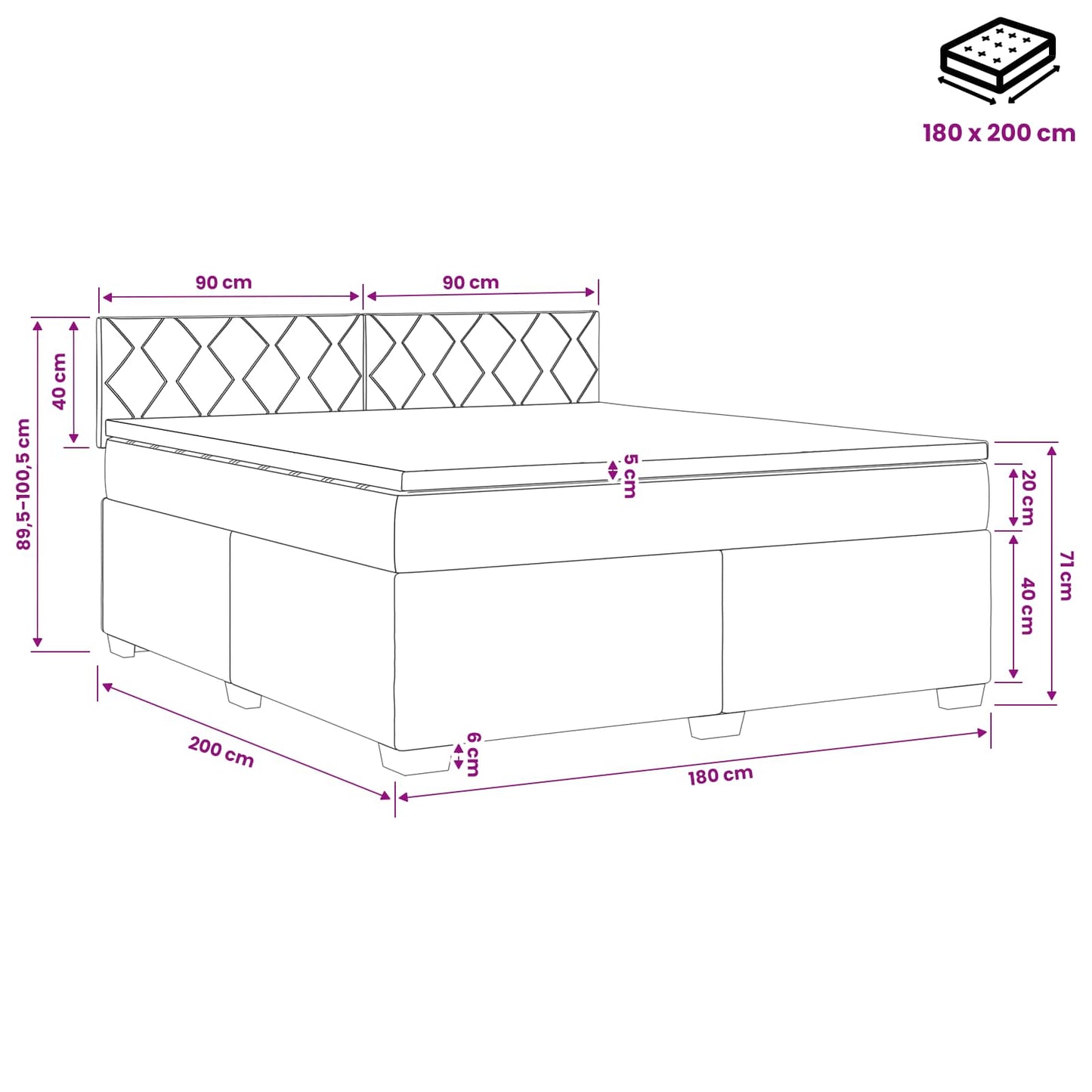 Boxmadras med topmadras med hovedgærde Sort 180 x 200 cm Stof