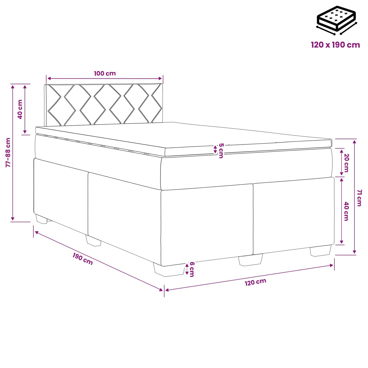 Boxmadras med topmadras Lyserød 120 x 190 cm Fløjl