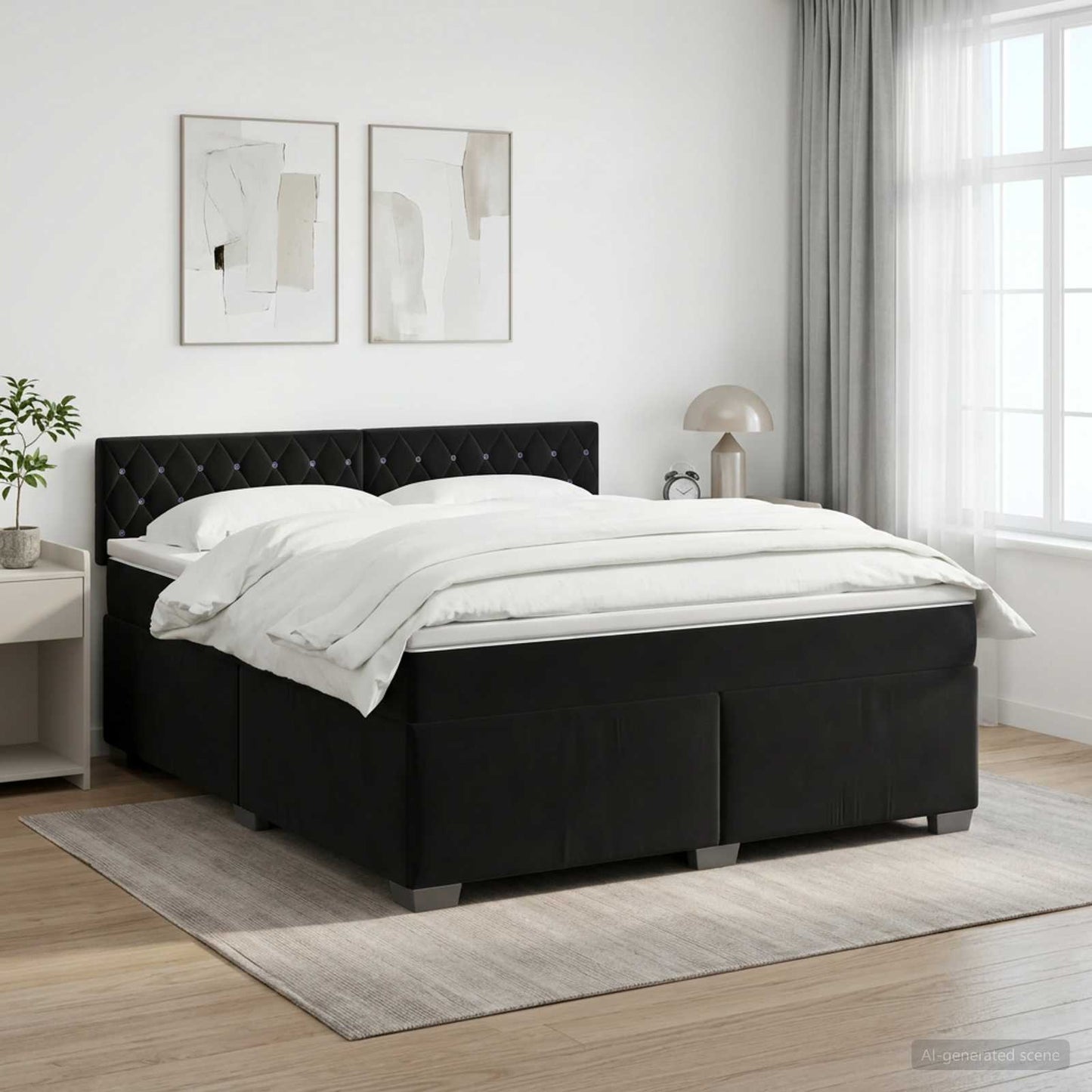 Boxmadras med topmadras med hovedgærde Sort 140 x 190 cm Fløjl
