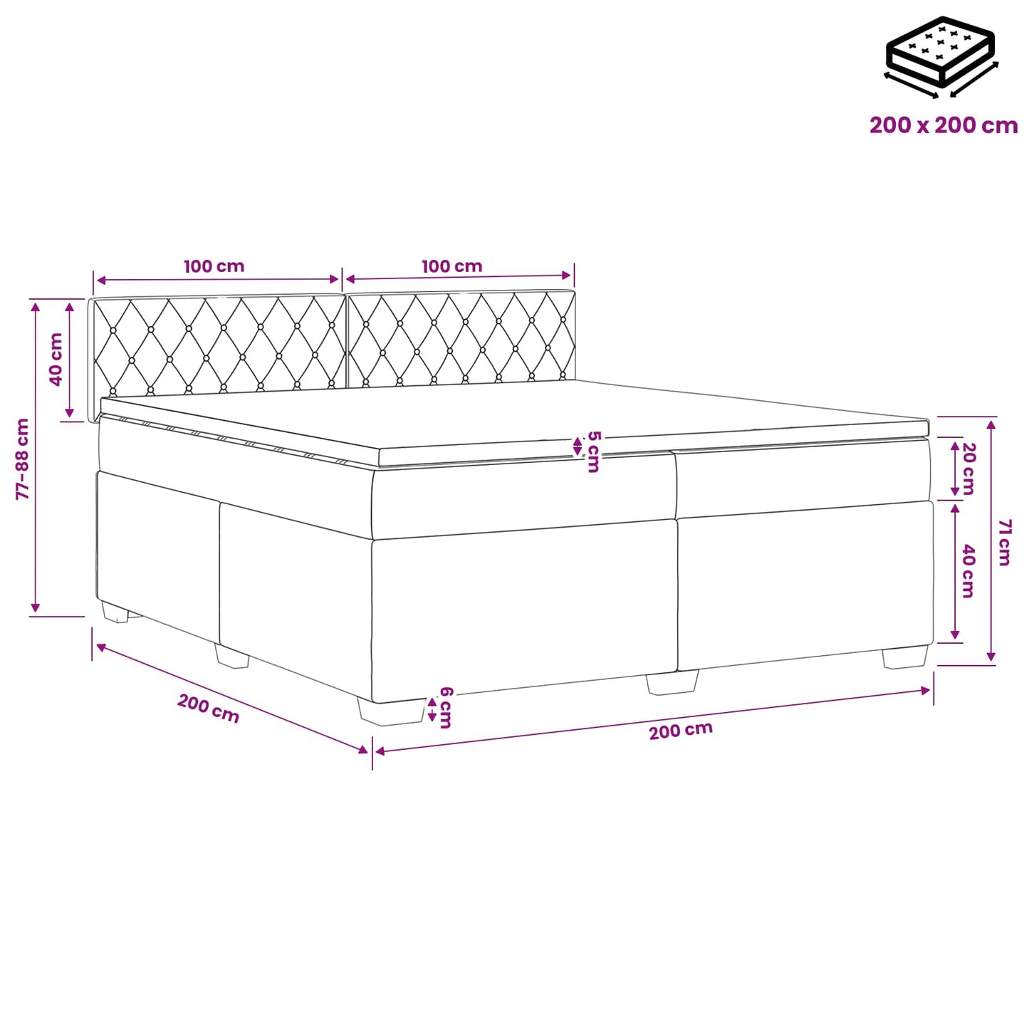 Boxmadras med topmadras Mørkegrå 200 x 200 cm Fløjl