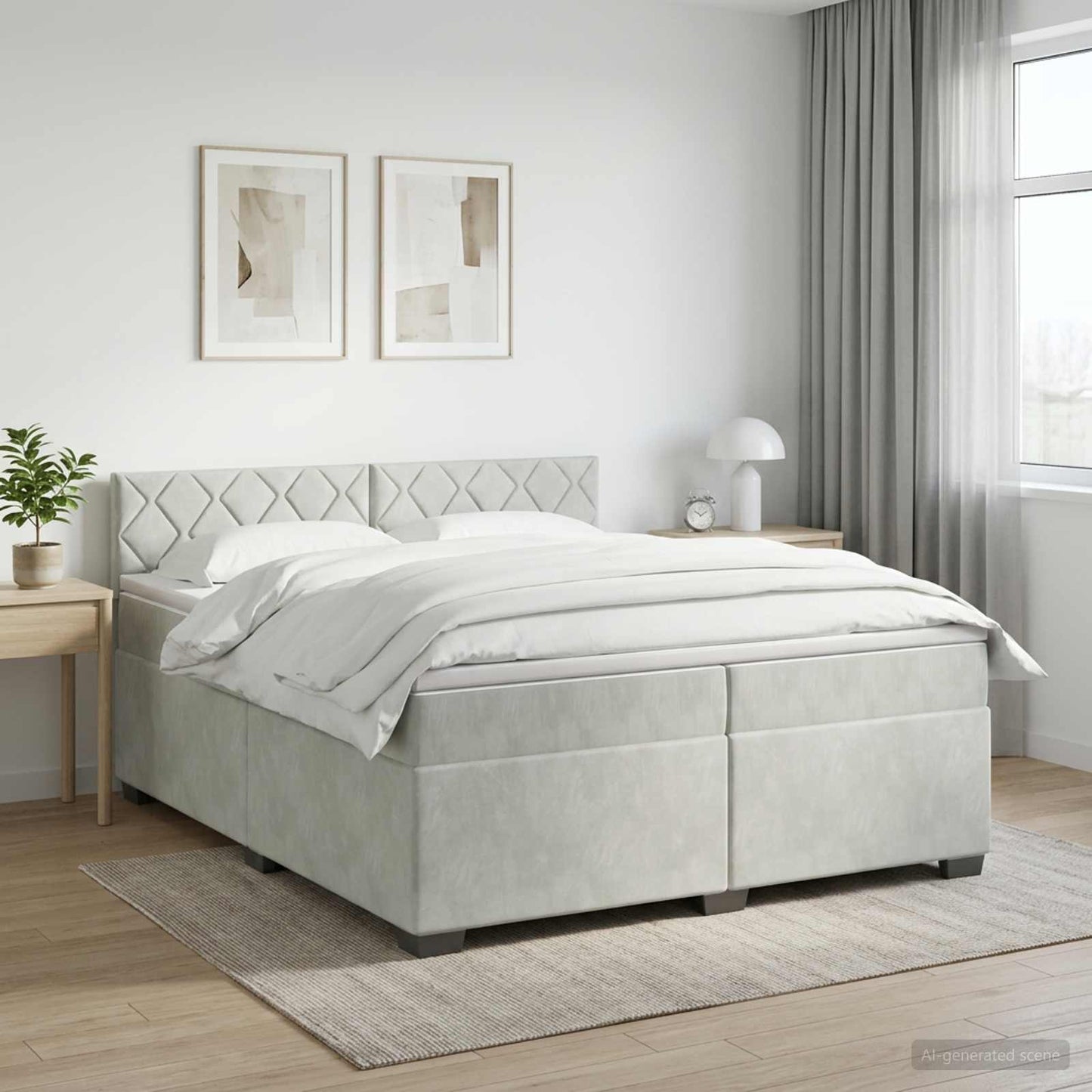 Boxmadras med topmadras Lysegrå 200 x 200 cm Fløjl