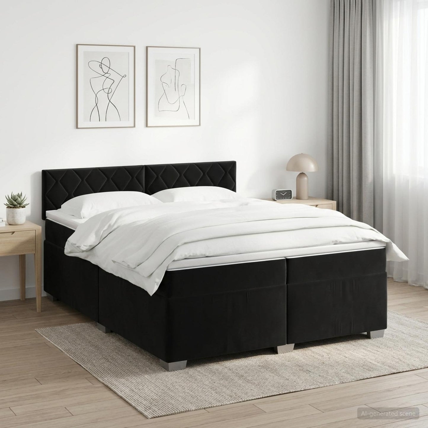 Boxmadras med topmadras med hovedgærde Sort 200 x 200 cm Fløjl