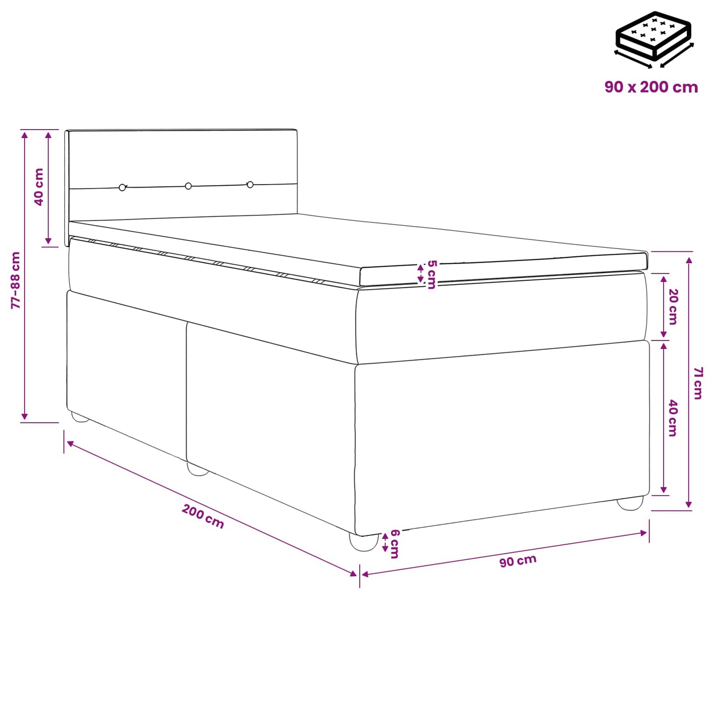 Boxmadras med topmadras Cremefarvet 90 x 200 cm Stof
