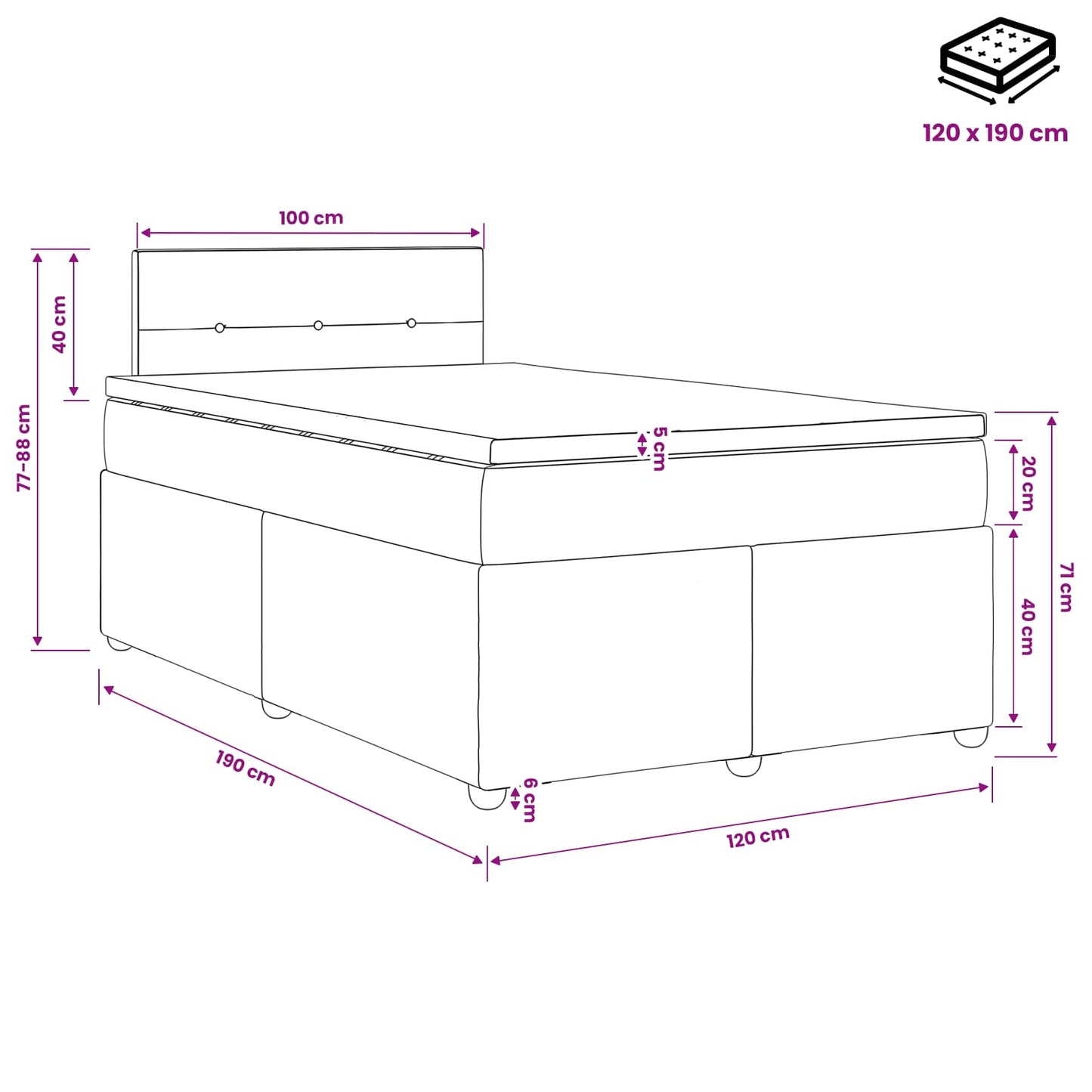 Boxmadras med topmadras Mørkegrå 120 x 190 cm Stof