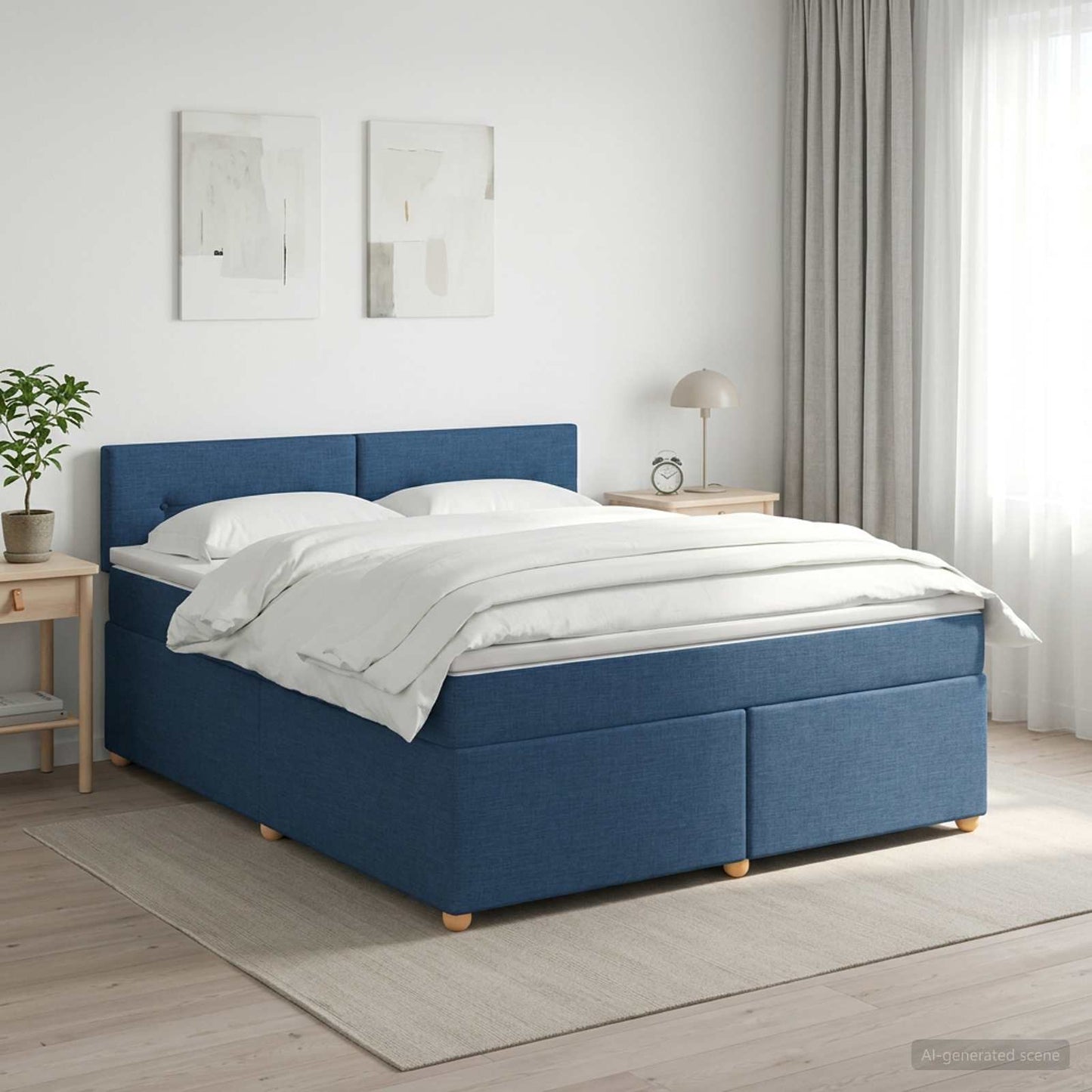 Boxmadras med topmadras med hovedgærde Blå 180 x 200 cm Stof