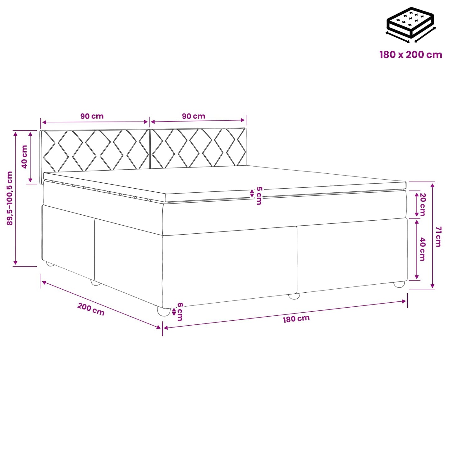 Boxmadras med topmadras med hovedgærde Sort 180 x 200 cm Stof