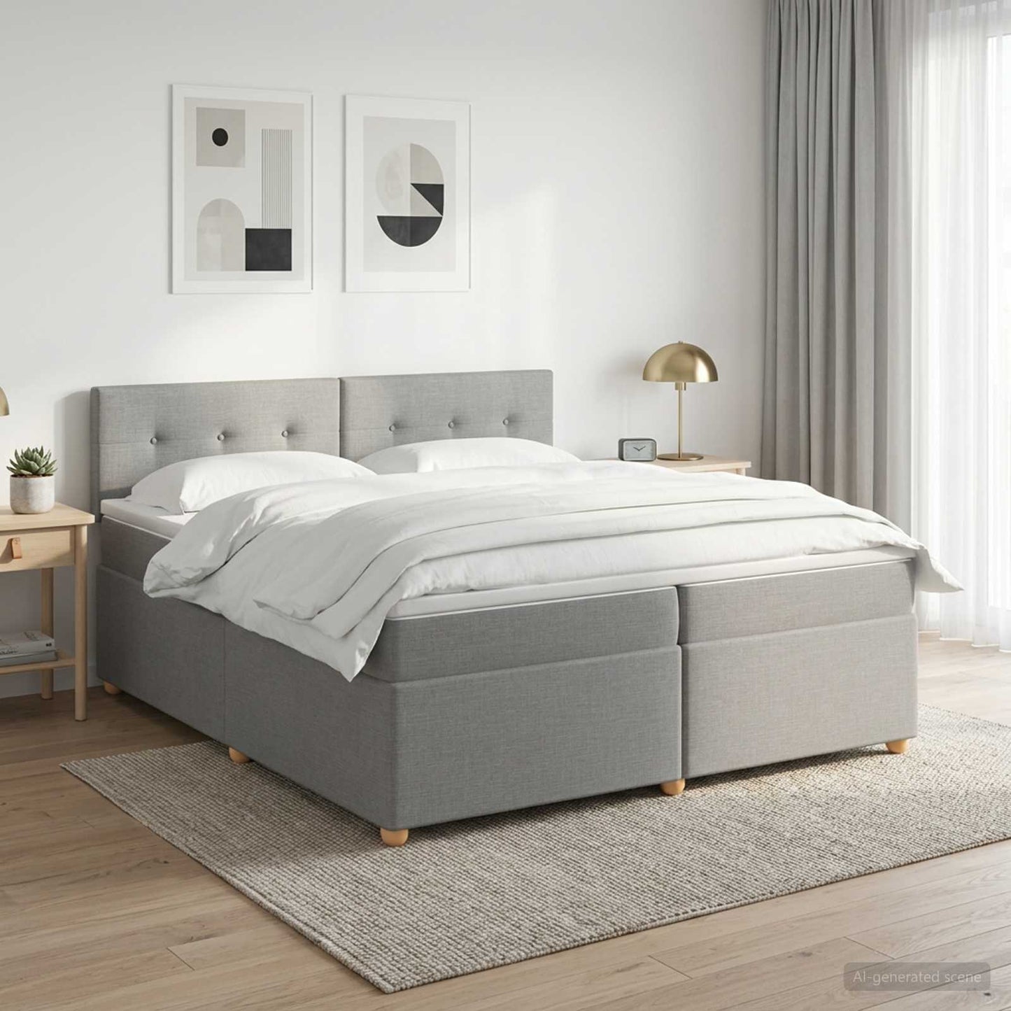 Boxmadras med topmadras Lysegrå 200 x 200 cm Stof