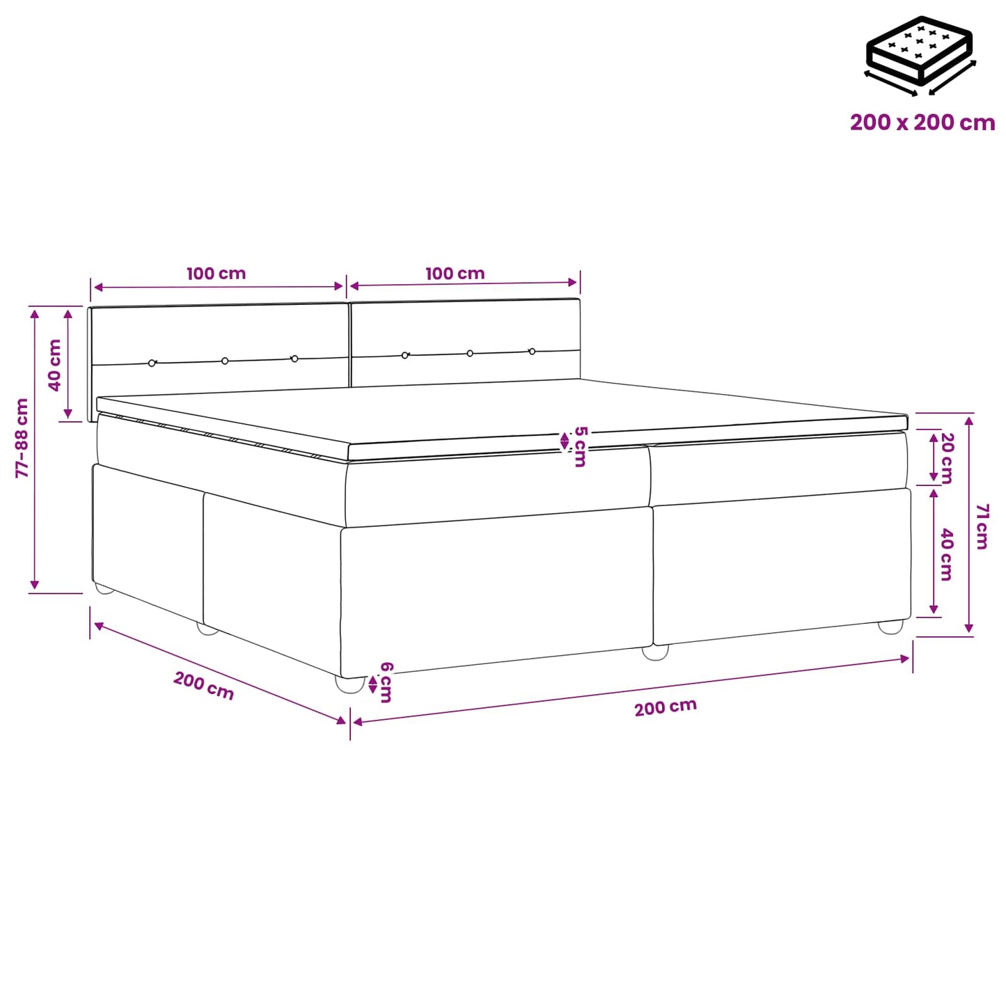 Boxmadras med topmadras Mørkegrå 200 x 200 cm Stof