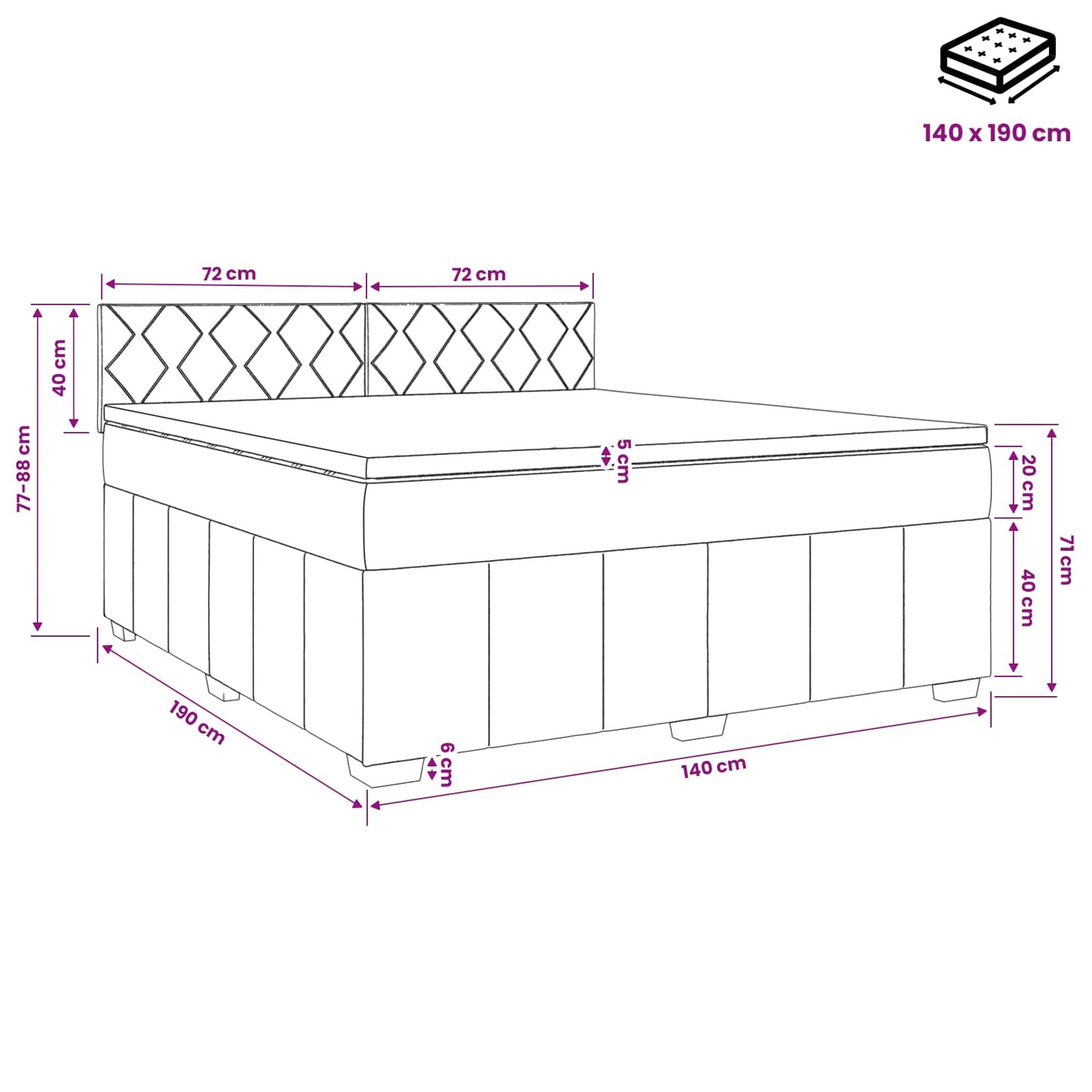 Boxmadras med topmadras Mørkegrå 140 x 190 cm Stof