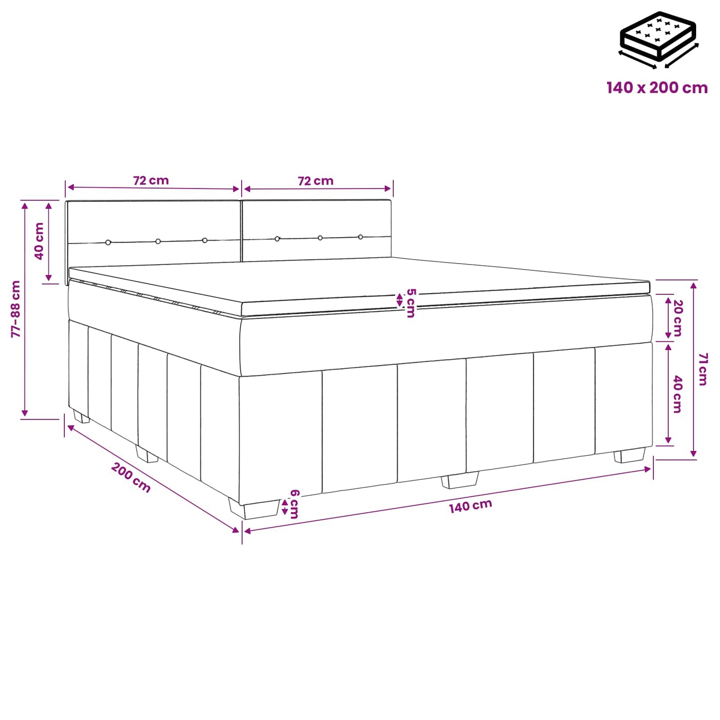 Boxmadras med topmadras med hovedgærde Sort 140 x 200 cm Stof