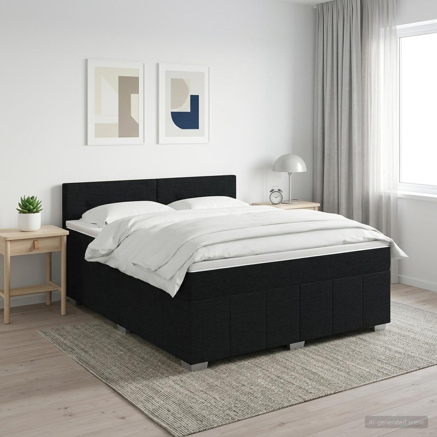 Boxmadras med topmadras med hovedgærde Sort 140 x 200 cm Stof