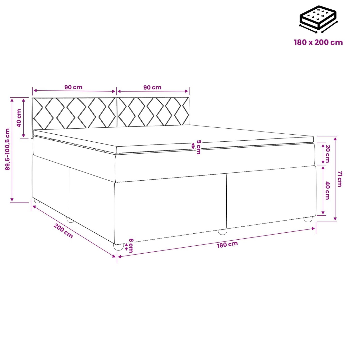 Boxmadras med topmadras med hovedgærde Sort 180 x 200 cm Stof