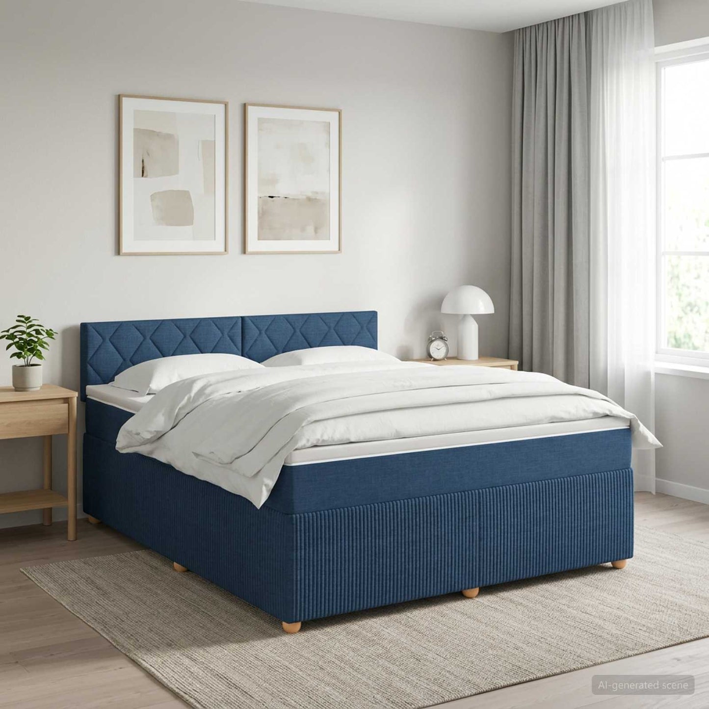 Boxmadras med topmadras med hovedgærde Blå 180 x 200 cm Stof