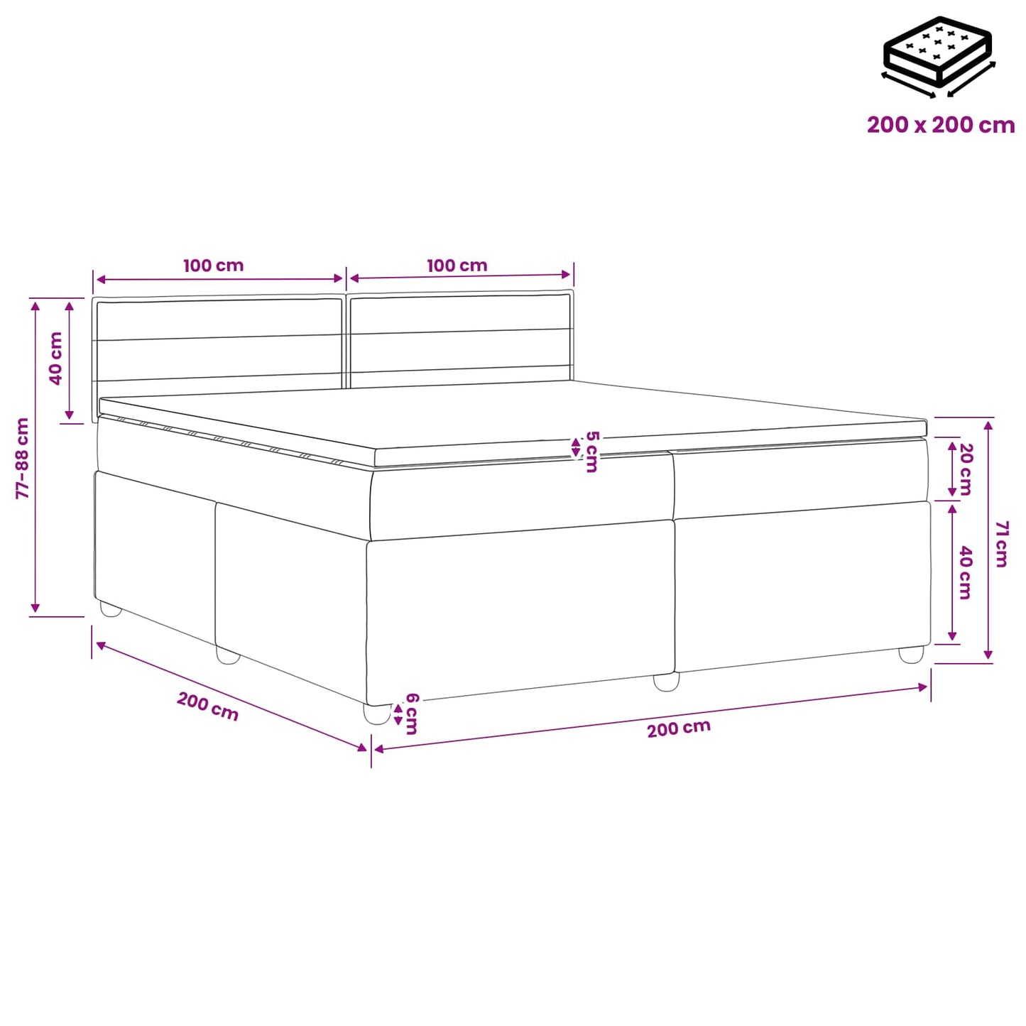 Boxmadras med topmadras Mørk Brun 200 x 200 cm Stof