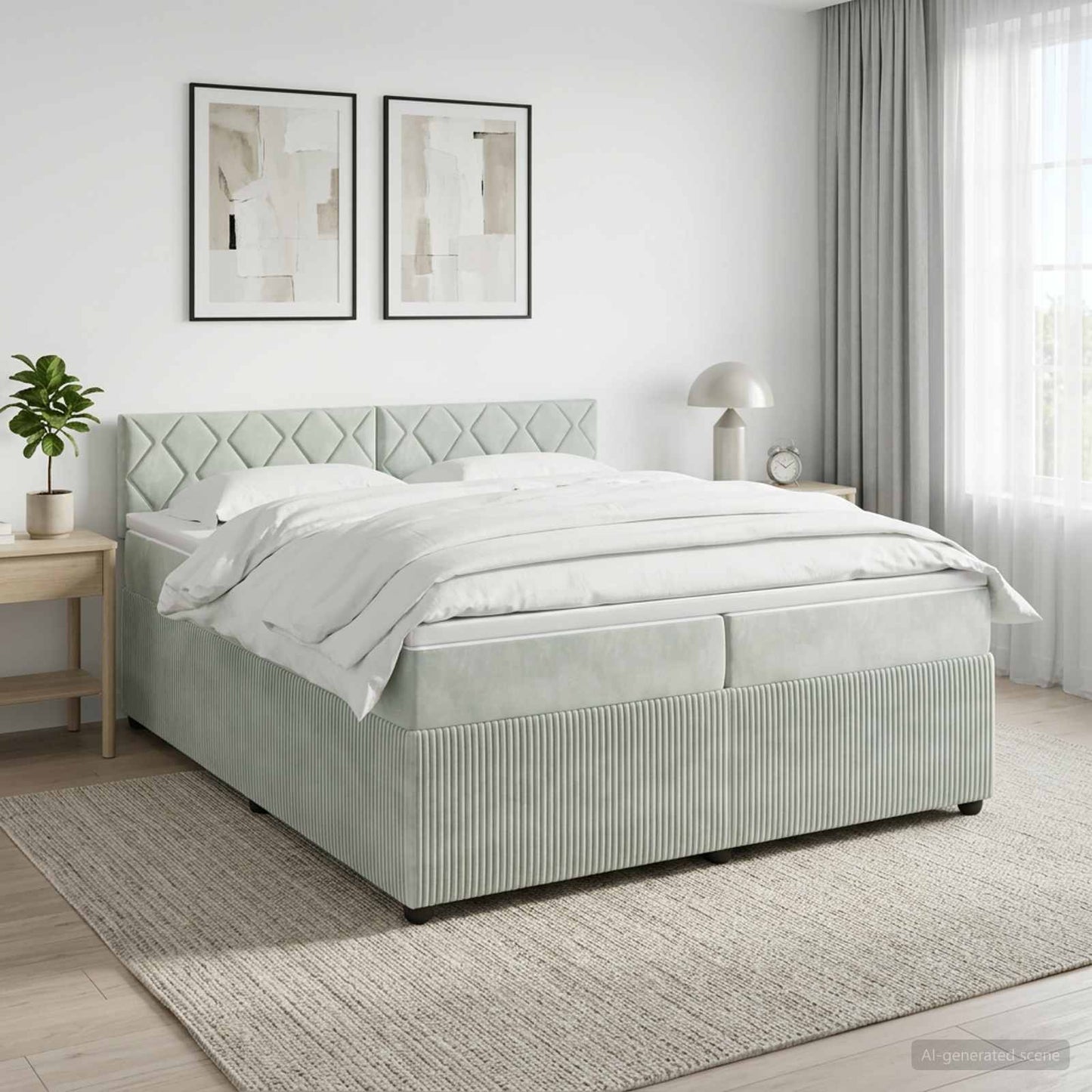 Boxmadras med topmadras Lysegrå 200 x 200 cm Fløjl