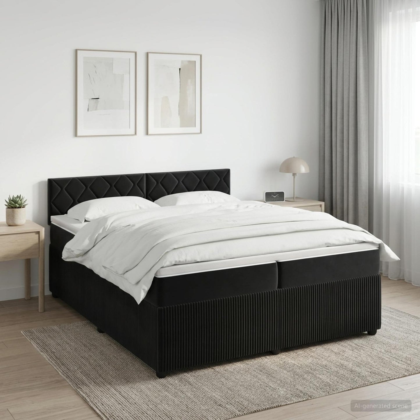 Boxmadras med topmadras med hovedgærde Sort 200 x 200 cm Fløjl