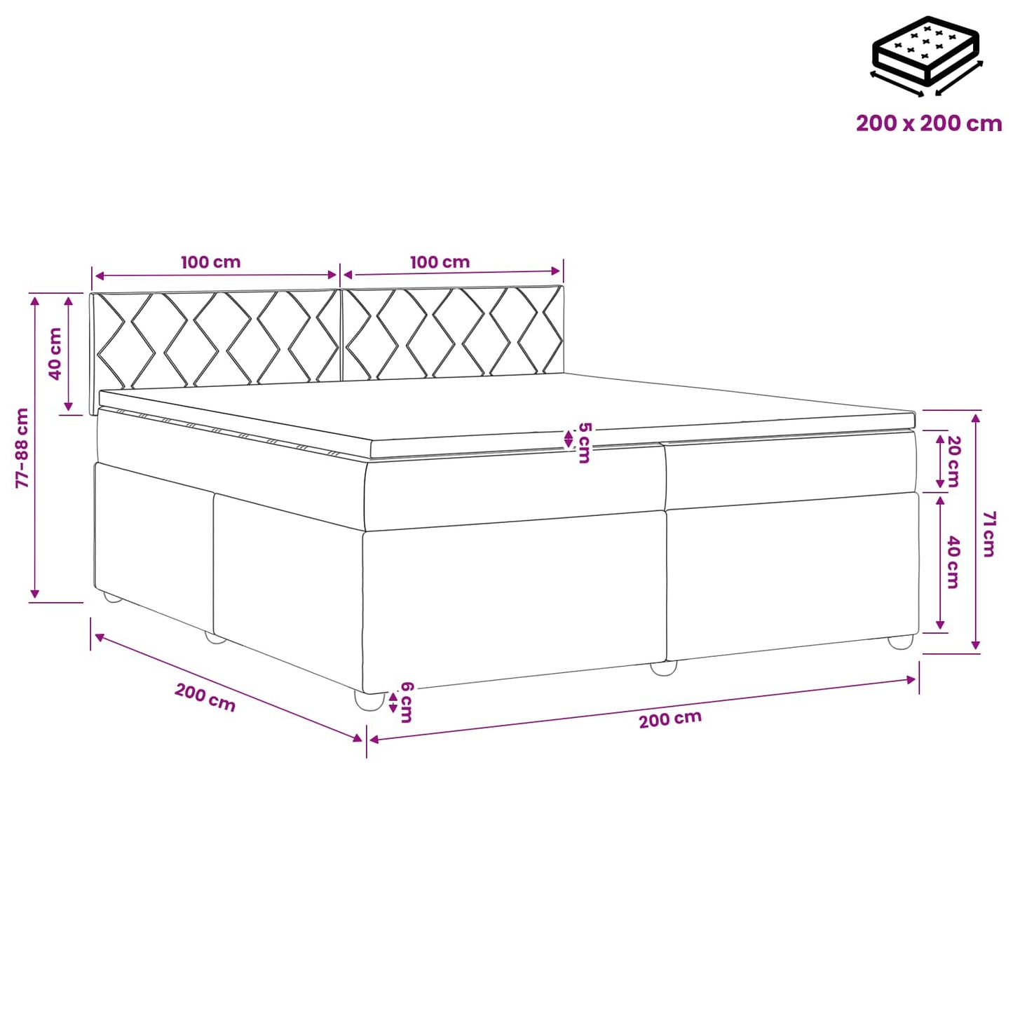 Boxmadras med topmadras Lyserød 200 x 200 cm Fløjl