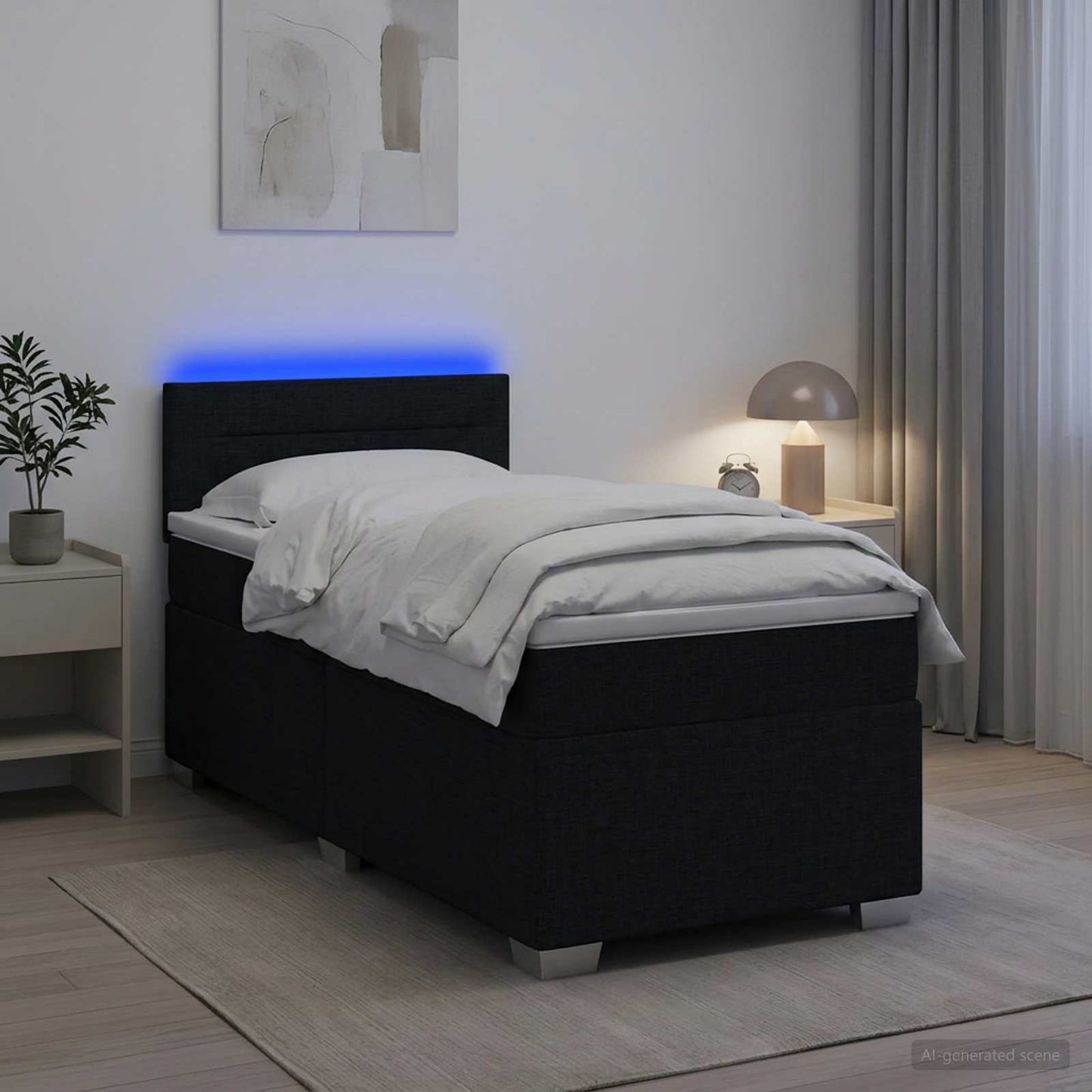 Box Spring Seng med Madras og LED Sort 90 x 200 cm Stof