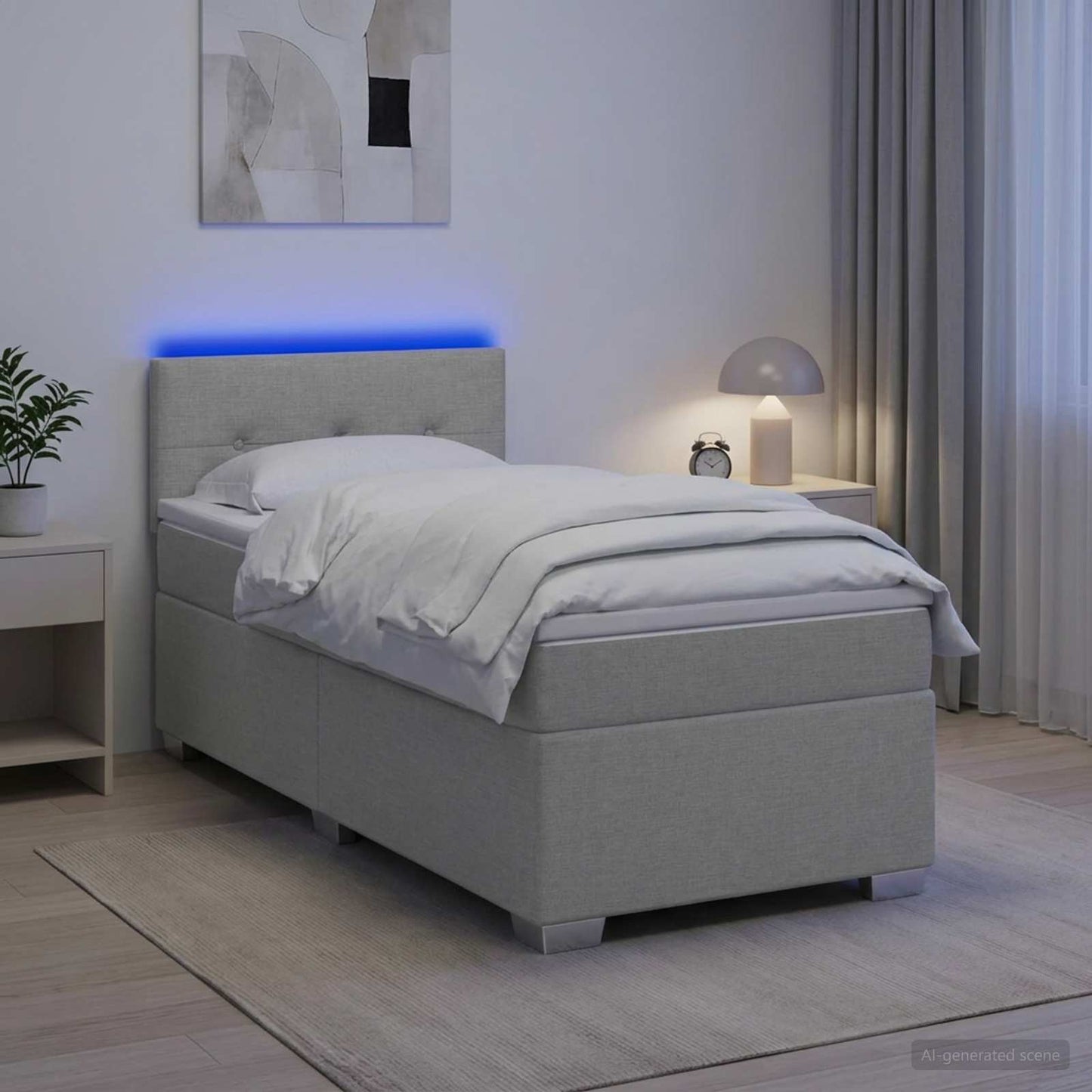 Box Spring Seng med Madras og LED Lysegrå 100 x 200 cm Stof