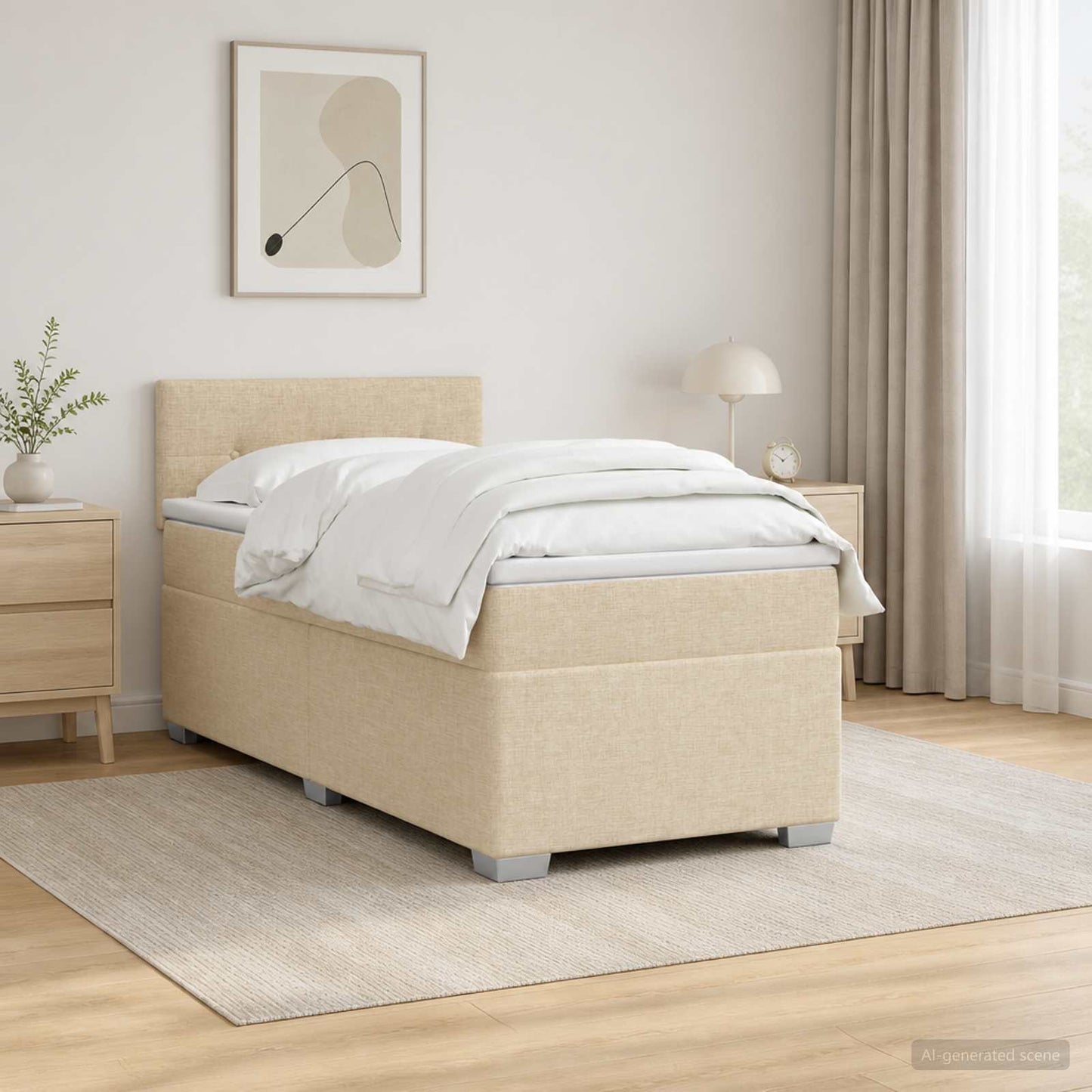 Box Spring Seng med Madras og LED Cremefarvet 100 x 200 cm Stof