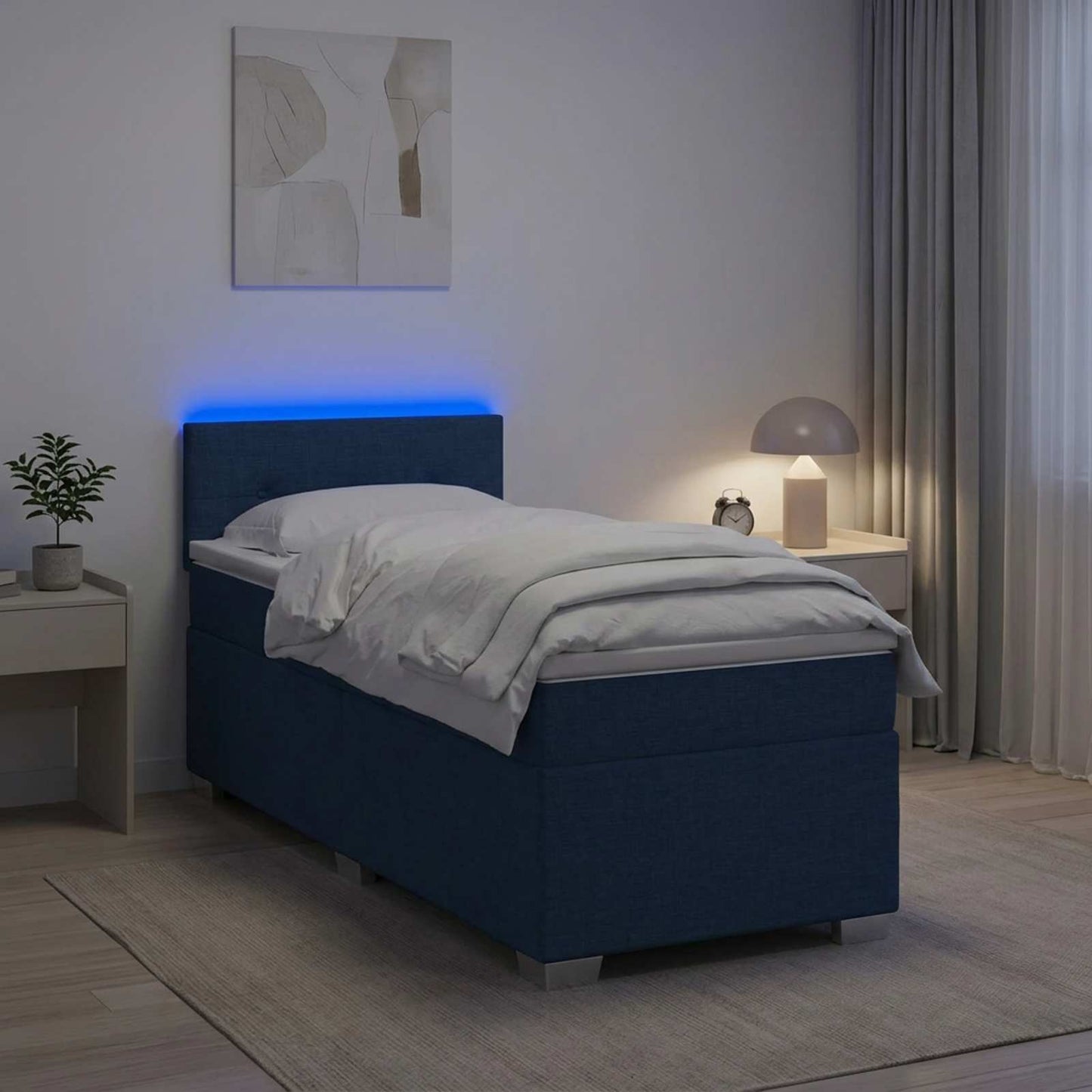 Box Spring Seng med Madras og LED Blå 80 x 200 cm Stof