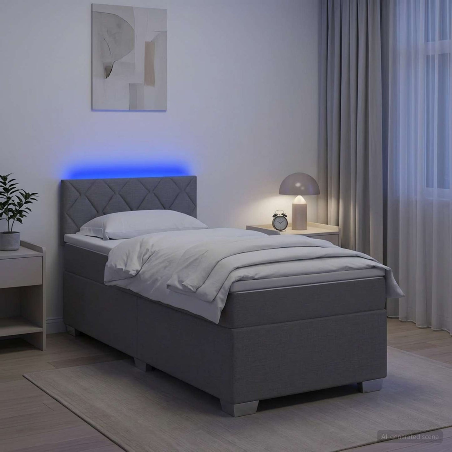 Box Spring Seng med Madras og LED Lysegrå Enkelt Stof