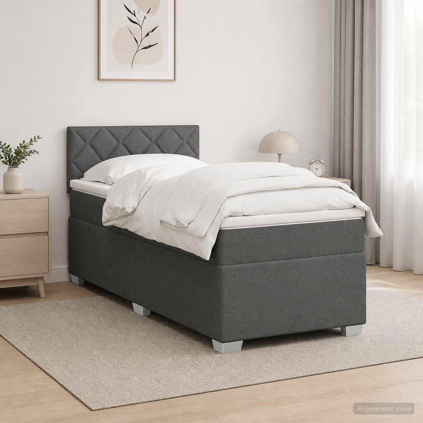 Box Spring Seng med Madras og LED Mørkegrå Enkelt Stof