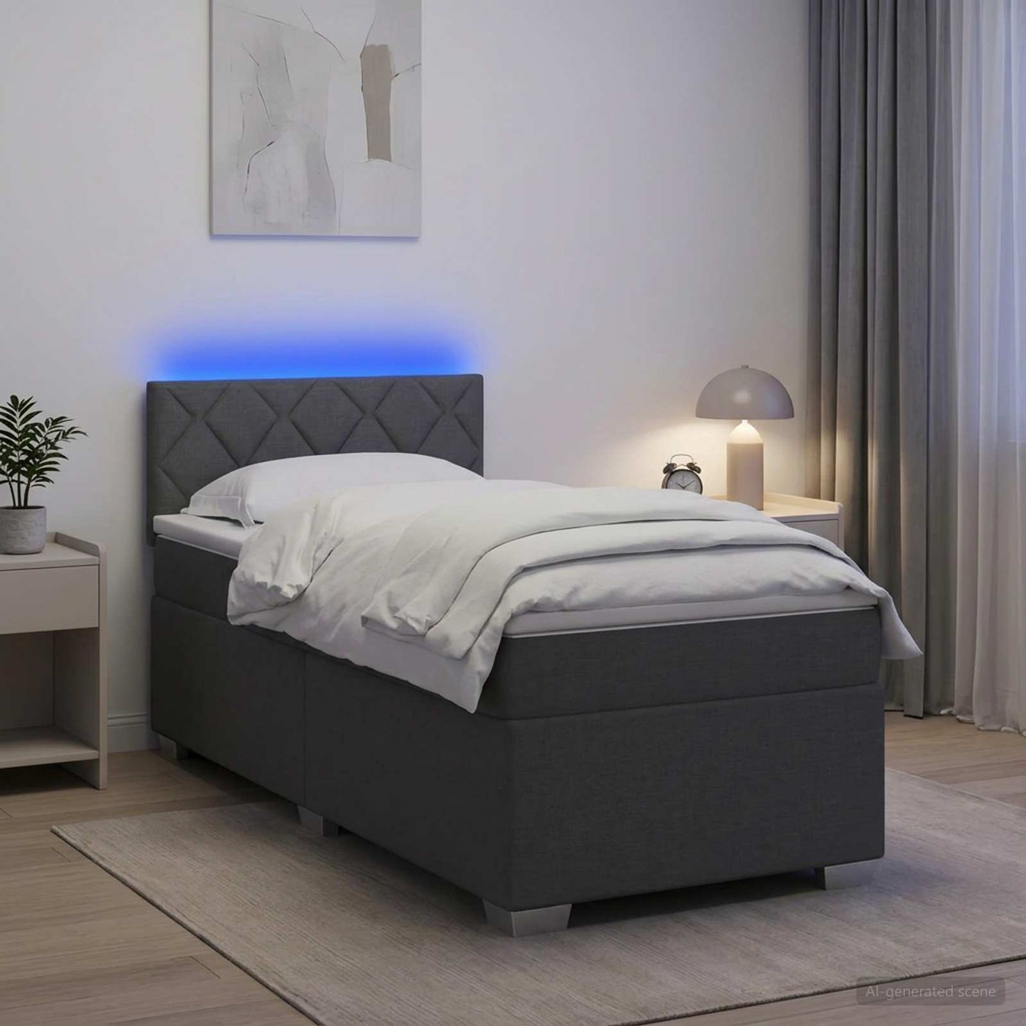 Box Spring Seng med Madras og LED Mørkegrå Enkelt Stof