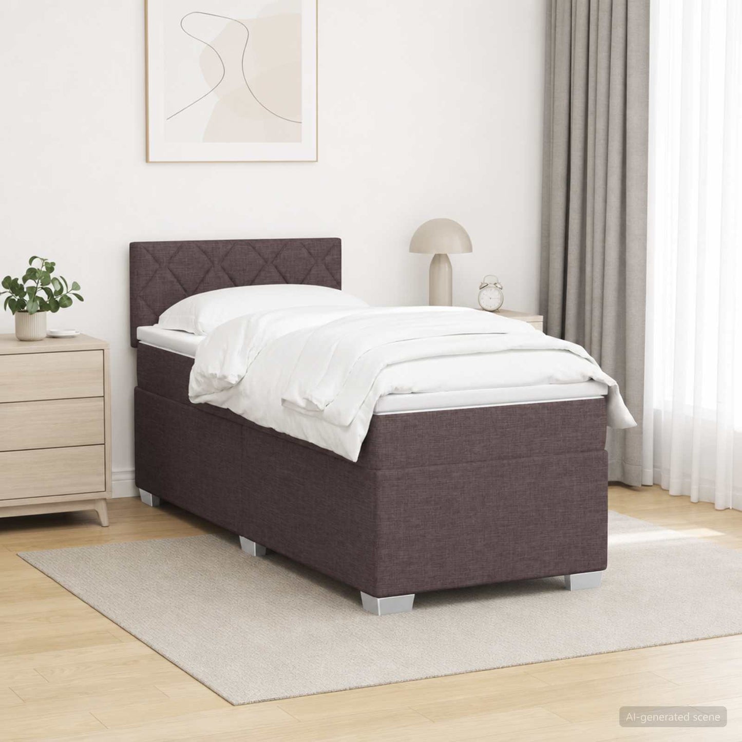 Box Spring Seng med Madras og LED Mørk Brun 90 x 200 cm Stof