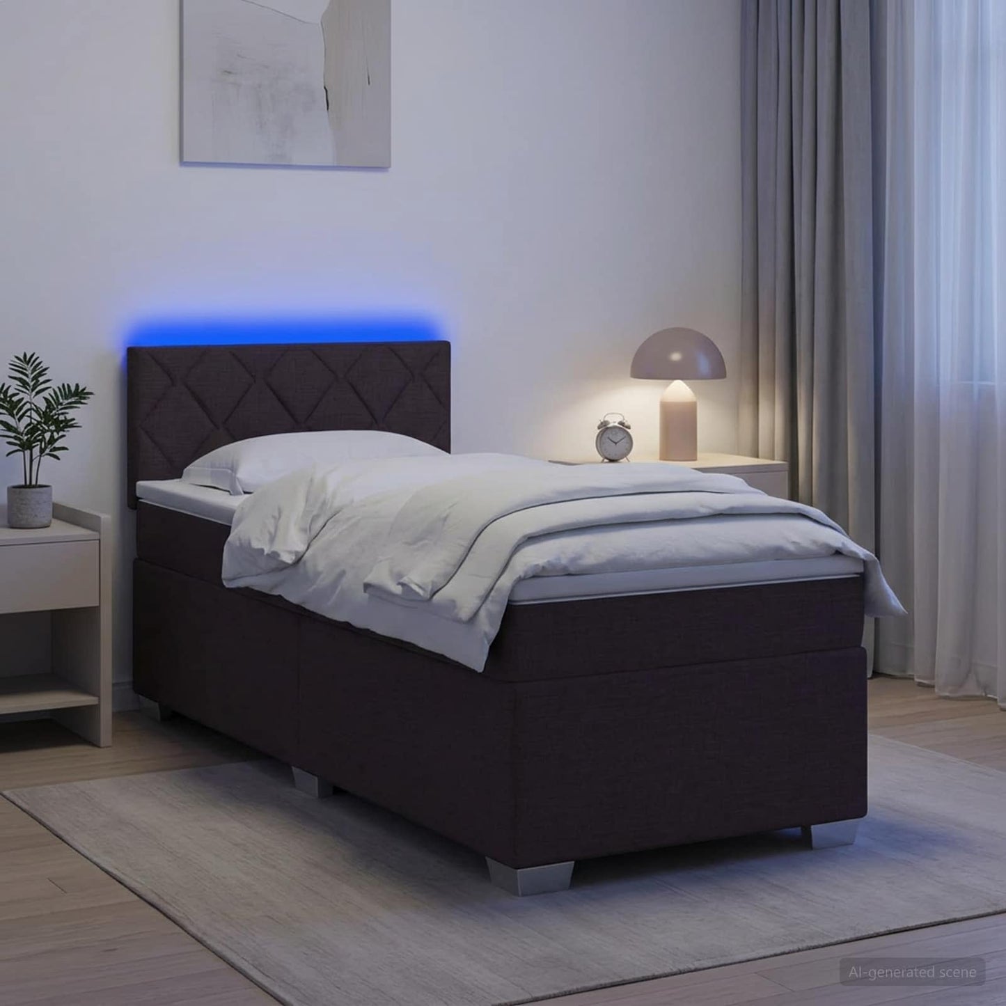 Box Spring Seng med Madras og LED Mørk Brun 90 x 200 cm Stof