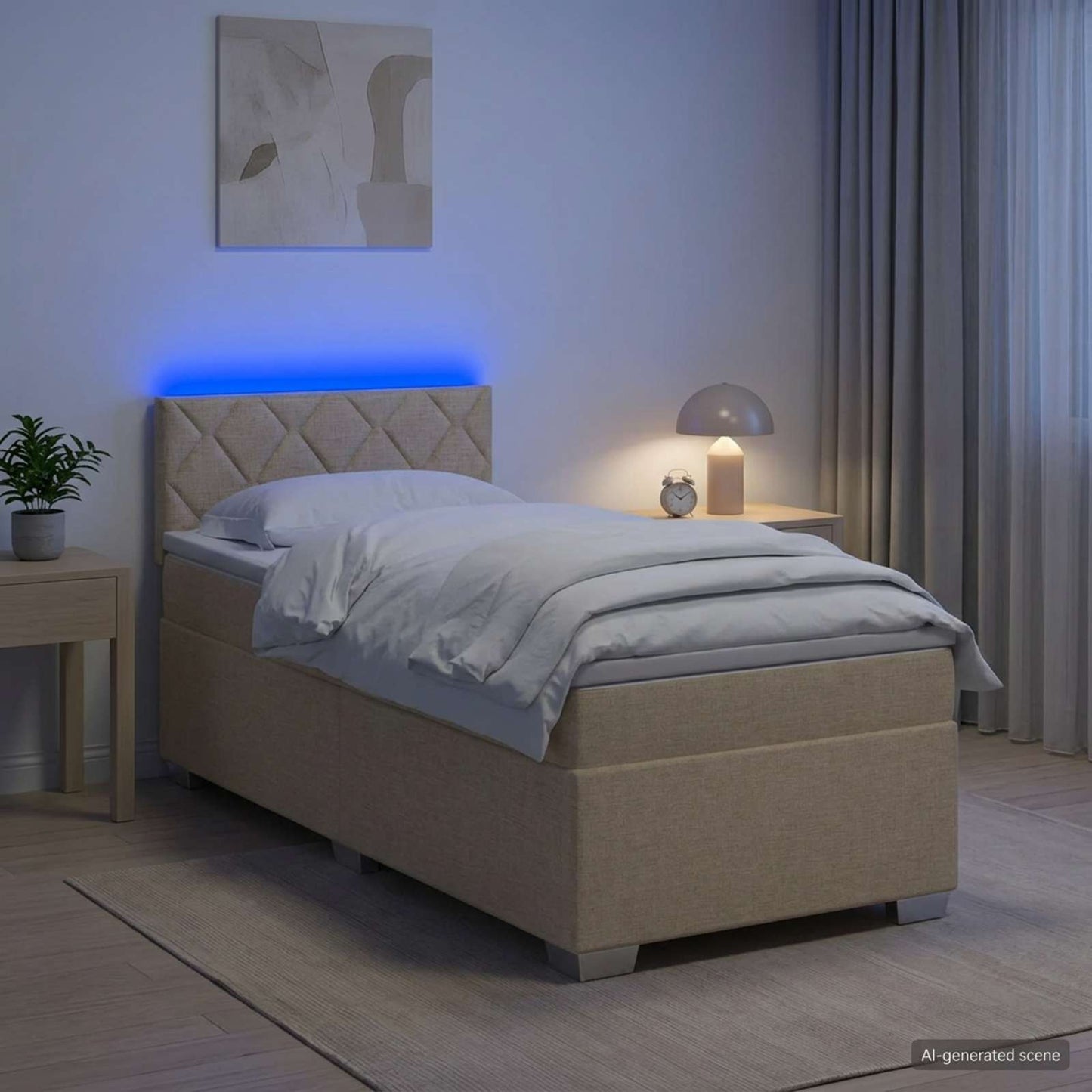 Box Spring Seng med Madras og LED Cremefarvet 100 x 200 cm Stof