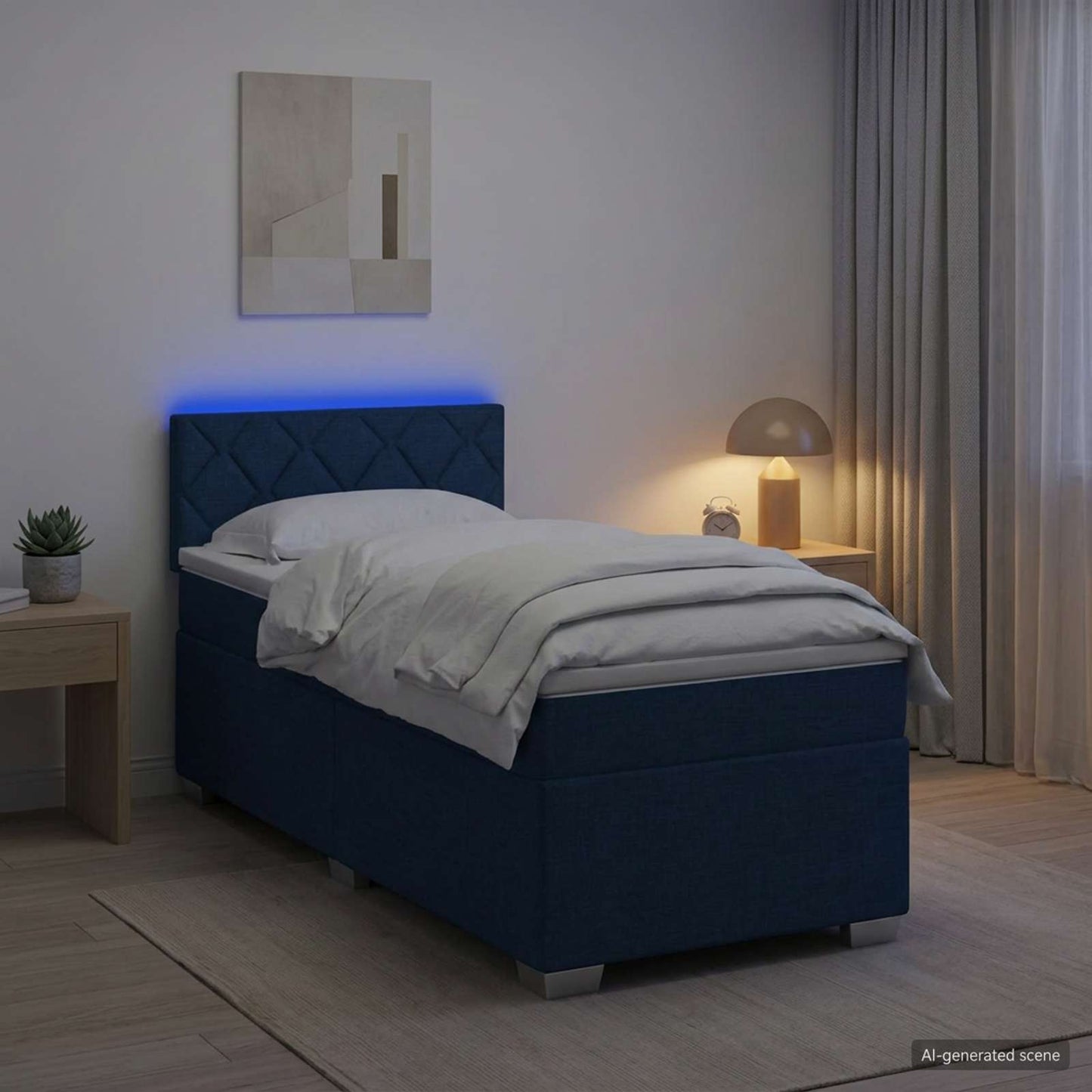 Box Spring Seng med Madras og LED Blå 90 x 190 cm Stof