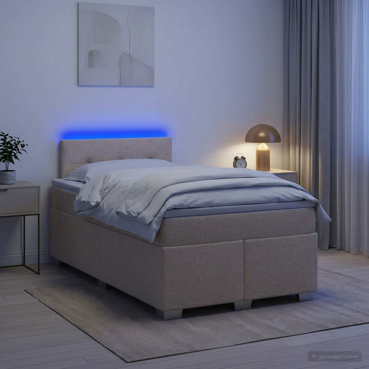 Box Spring Seng med Madras og LED Cremefarvet 120 x 190 cm Stof