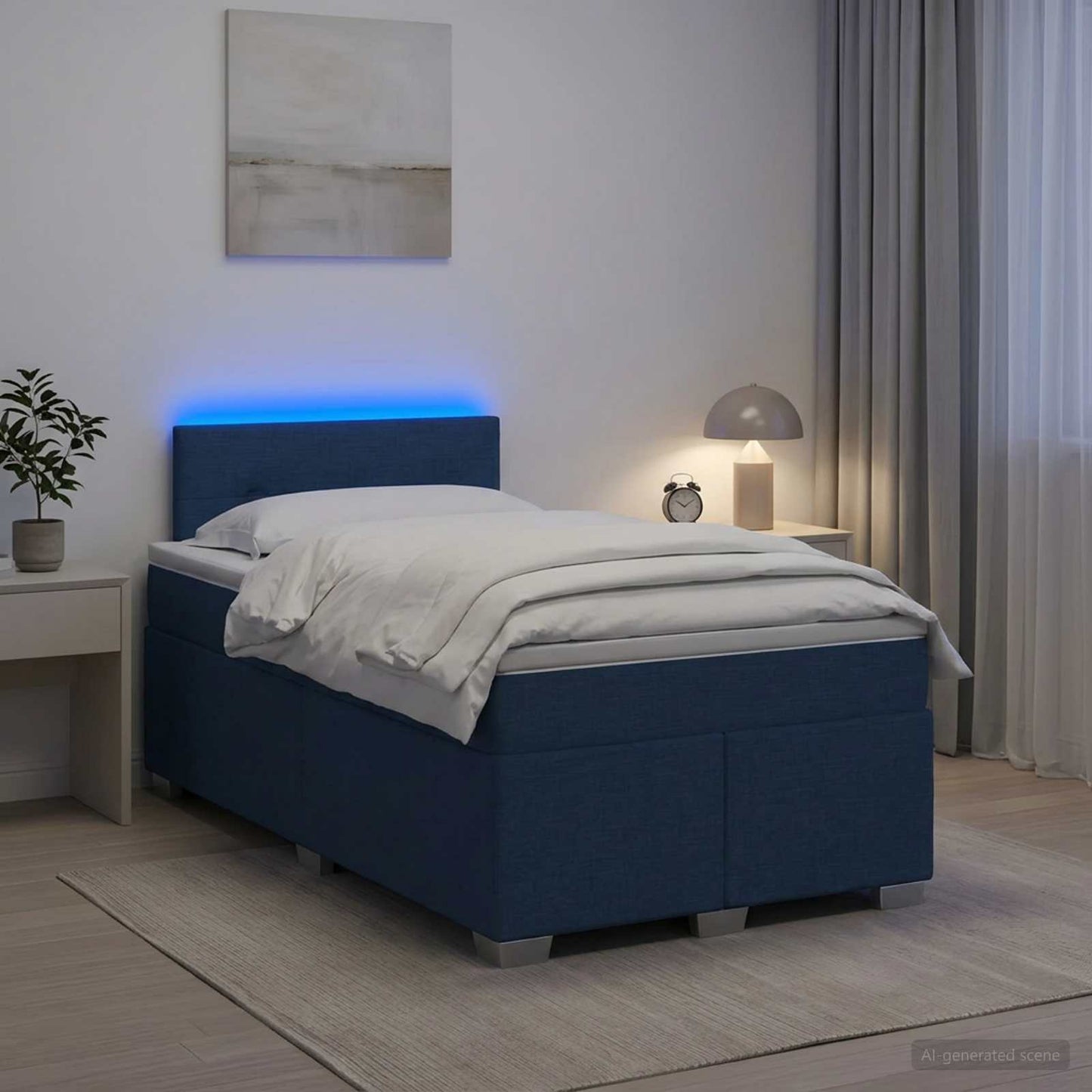 Box Spring Seng med Madras og LED Blå 120 x 190 cm Stof