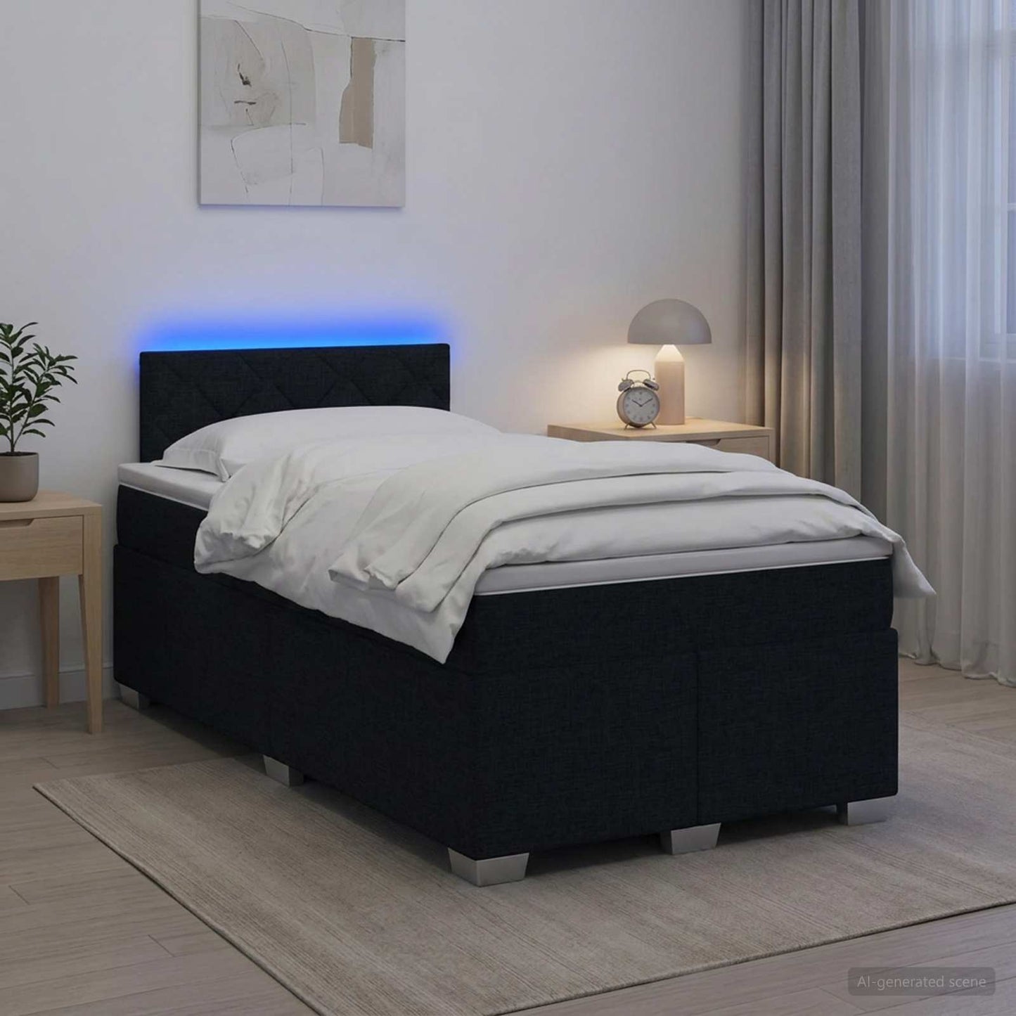Box Spring Seng med Madras og LED Sort 120 x 190 cm Stof