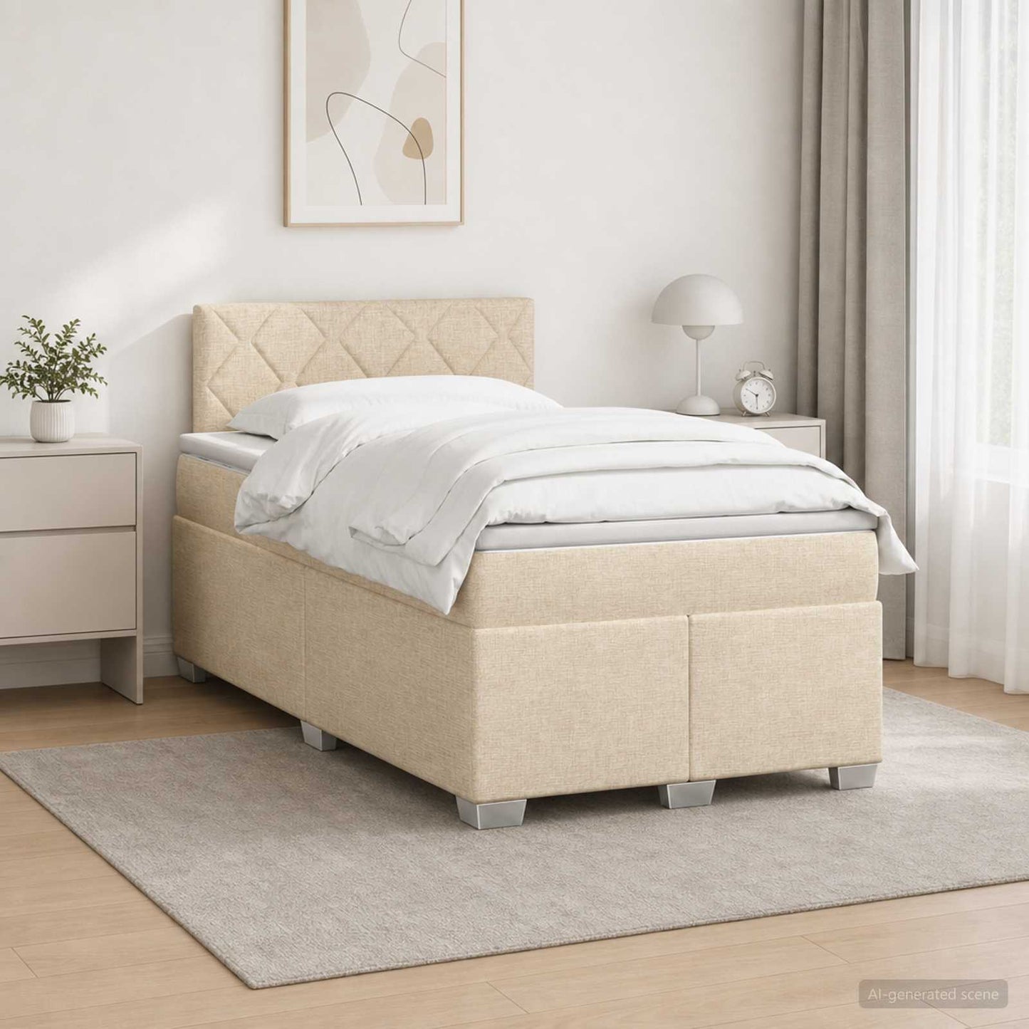 Box Spring Seng med Madras og LED Cremefarvet 120 x 190 cm Stof