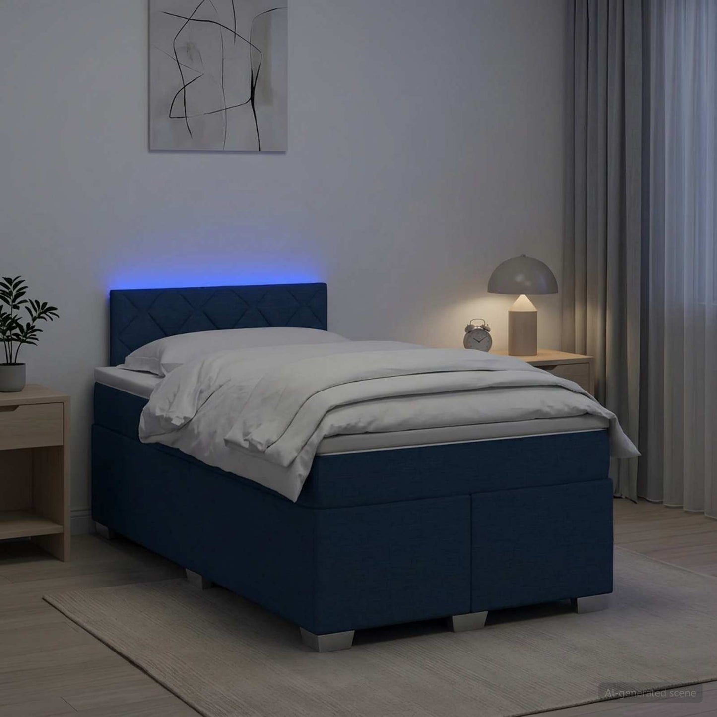 Box Spring Seng med Madras og LED Blå 120 x 190 cm Stof