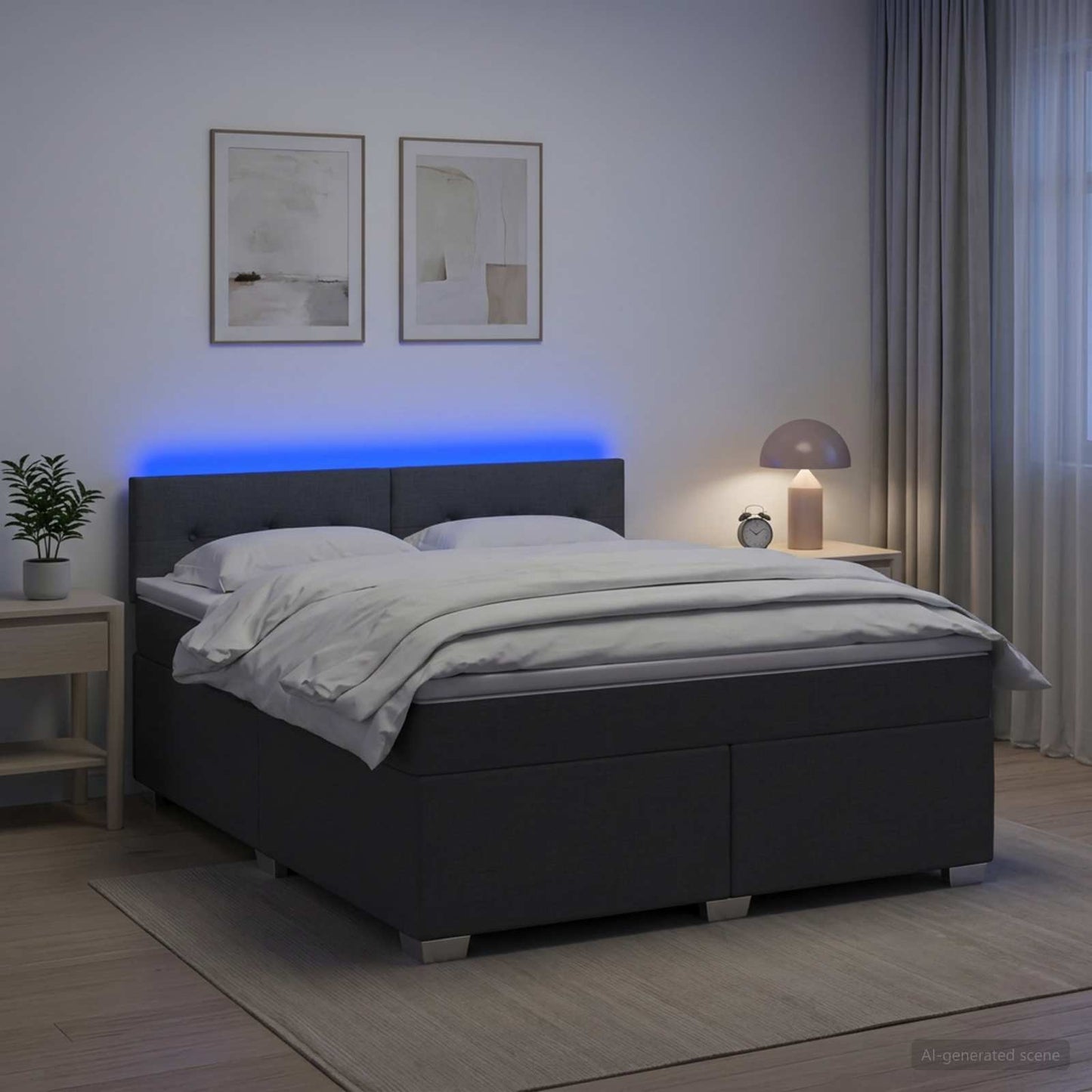 Box Spring Seng med Madras og LED Mørkegrå 180 x 200 cm Stof