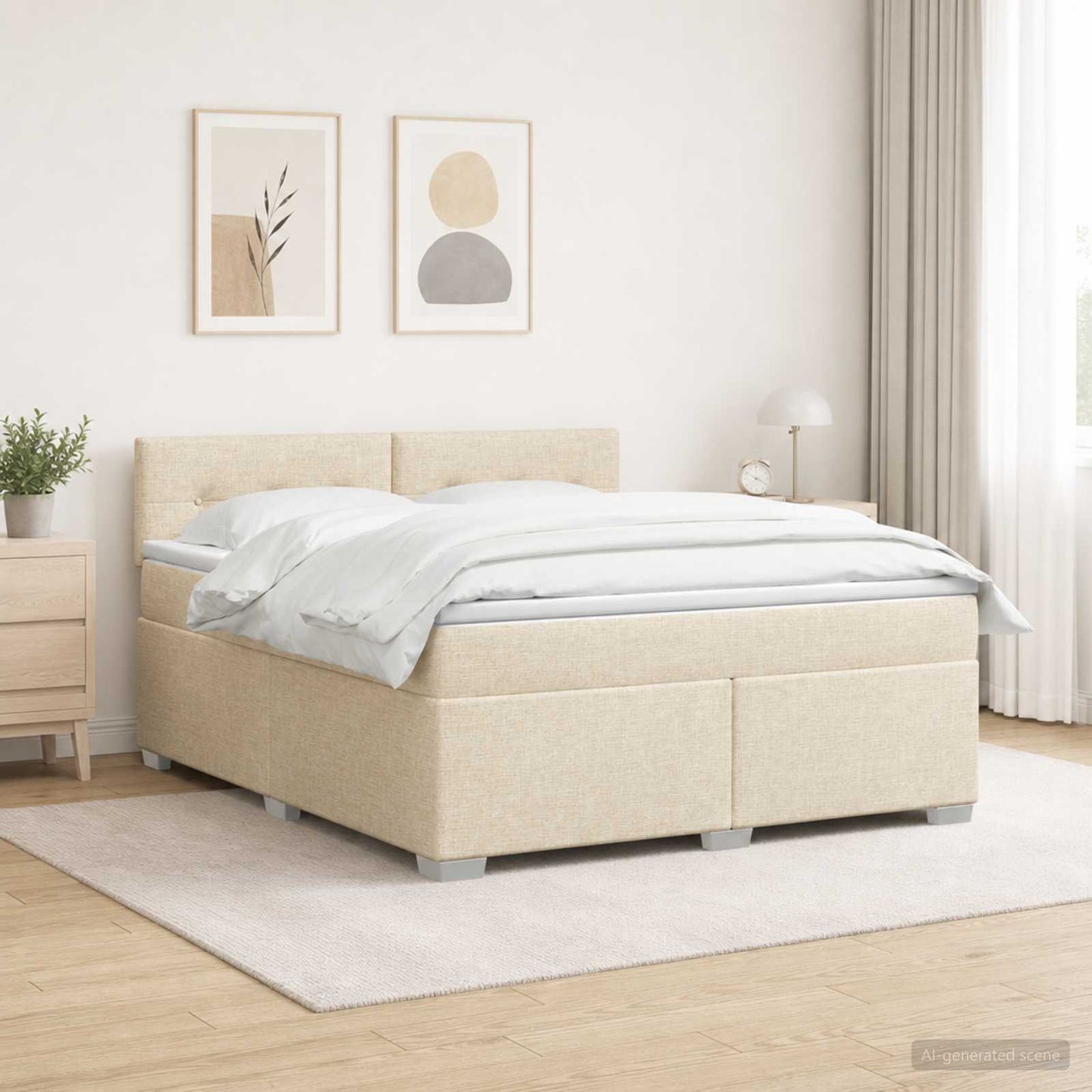 Box Spring Seng med Madras og LED Cremefarvet 160 x 200 cm Stof